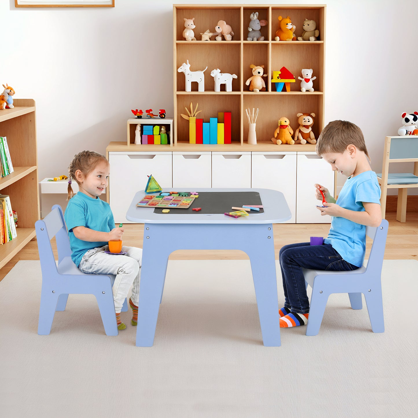 Arlopu 4 in 1 Kids Table and 2 Chairs Set Toddler Activity Table with with Storage Drawers, Blackboard, Whiteboard & Building Blocks Tabletop