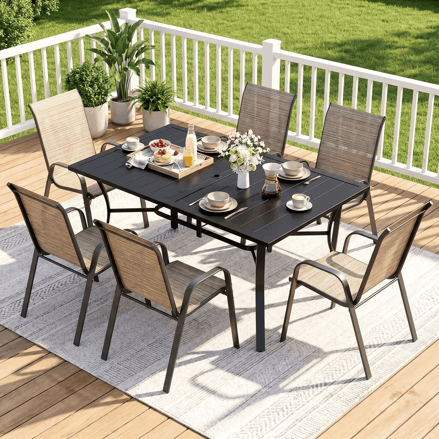 Arlopu Patio Dining Set 7 Pieces Outdoor Table and 6 Chairs w/ 1.69″Umbrella Hole for Backyard