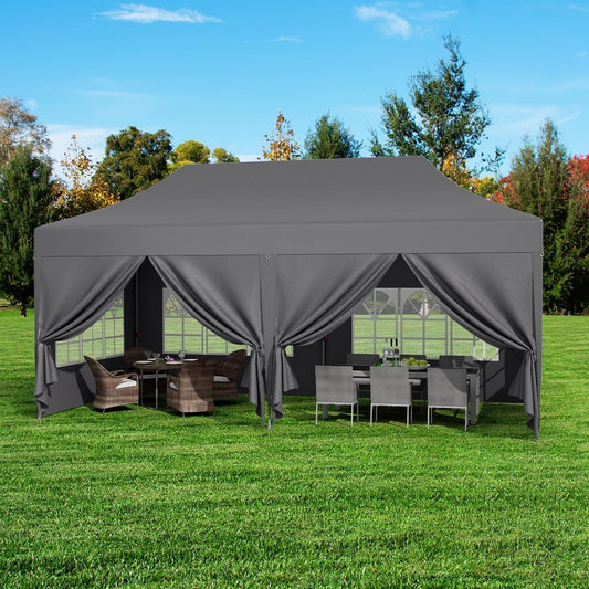 Arlopu 10x20ft Pop up Canopy Tent with 6 Sidewalls, Heavy Duty Commercial Instant Gazebo w/Wheeled Bag, All Season Outdoor Easy Set up Wedding Party Tents, 6 Windproof Ropes, 12 Stakes, 6 Sandbags