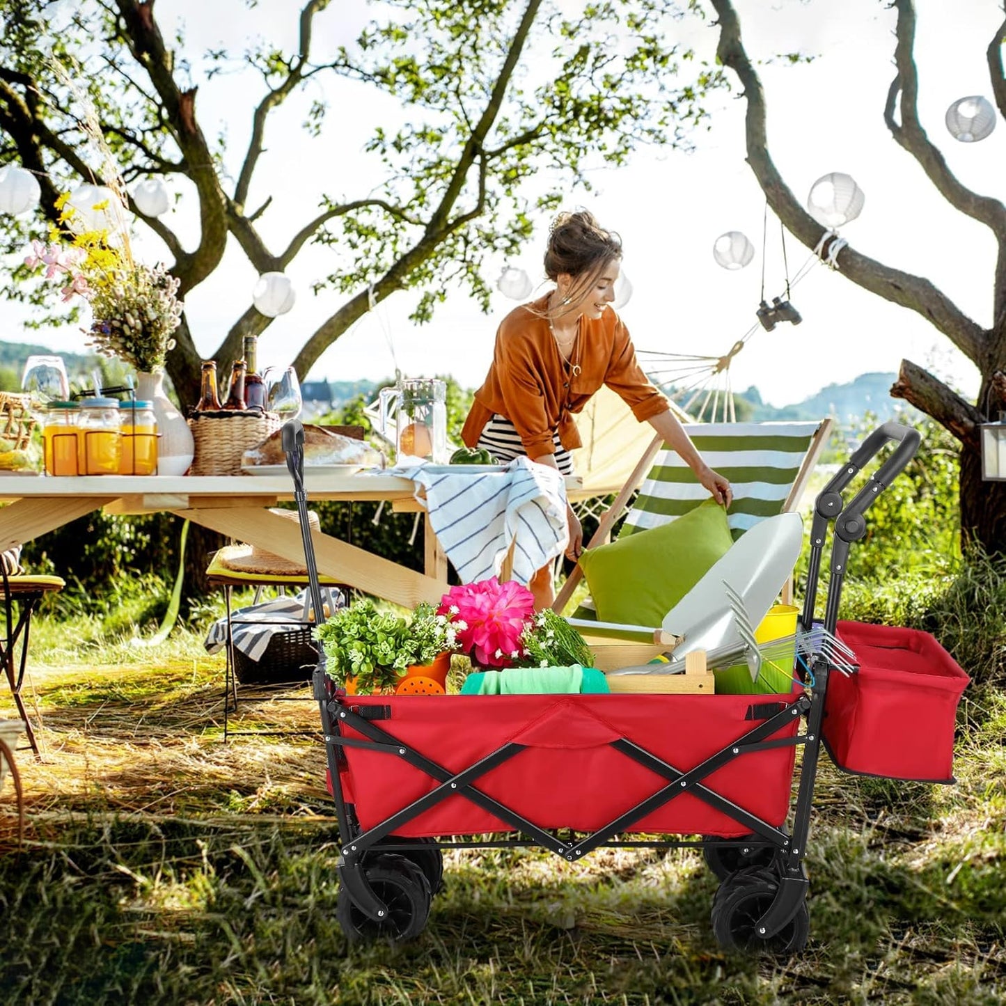 Arlopu Collapsible Wagon Folding Garden Cart W/ Canopy and Adjustable Handles