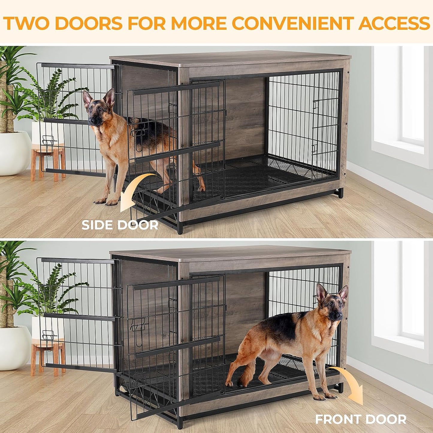 Arlopu 44.1’’ Dog Crate Furniture, Wooden Side End Table, Modern Dog Kennel with Double Doors, Heavy-Duty Dog Cage with Pull-Out Removable Tray, Indoor Medium/Large/Small Pet House Furniture
