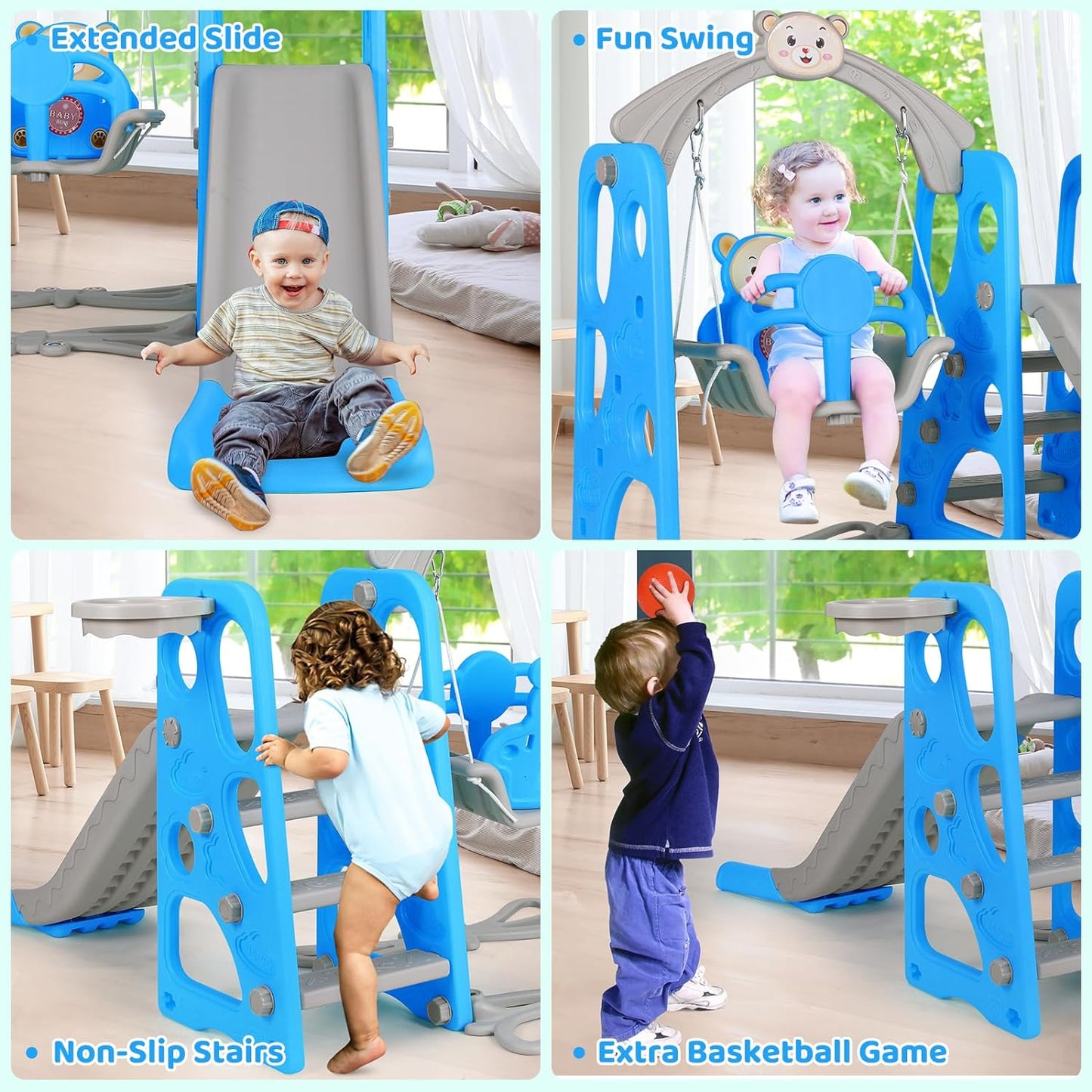 Arlopu Toddler Slide and Swing Set, 4 in 1 Kids Play Climber Slide Playset W/ Ball Hoop Long Slide Extra Ball, Baby Swing for Indoor Outdoor Playground