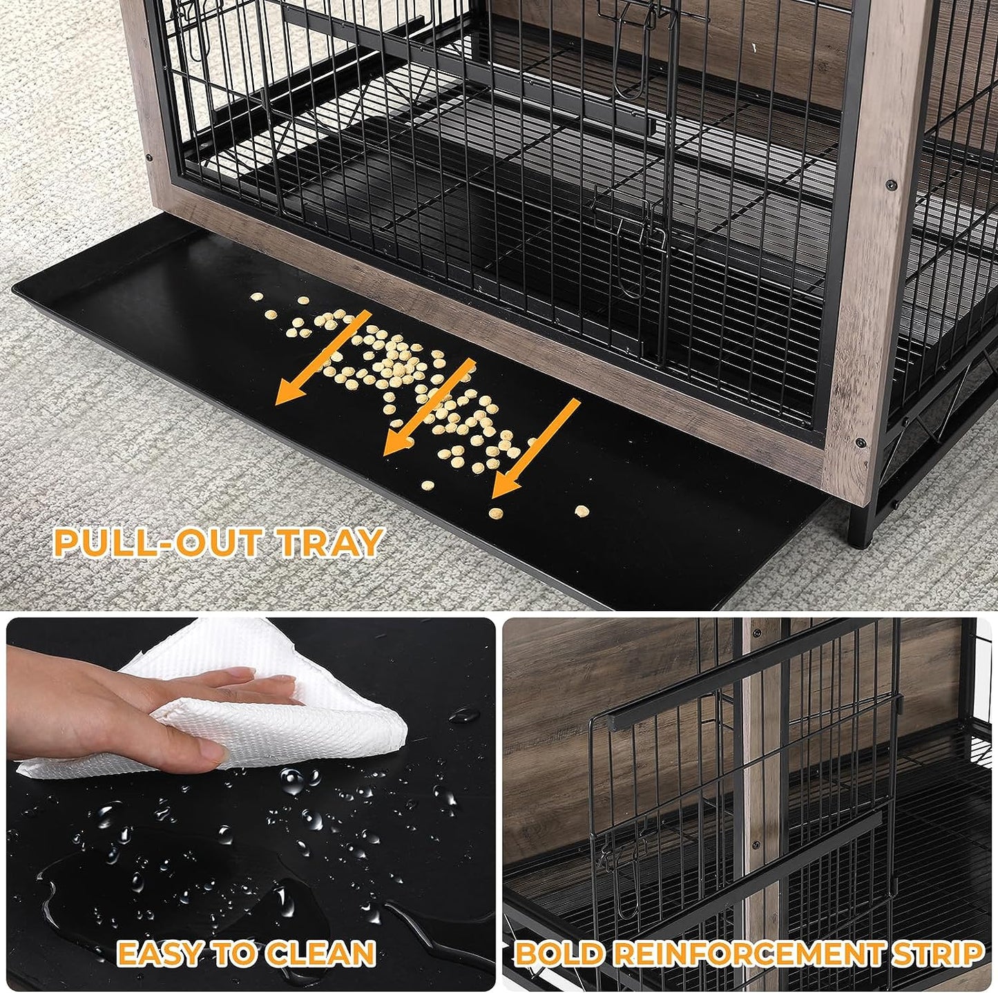 Arlopu 44.1’’ Dog Crate Furniture, Wooden Side End Table, Modern Dog Kennel with Double Doors, Heavy-Duty Dog Cage with Pull-Out Removable Tray, Indoor Medium/Large/Small Pet House Furniture