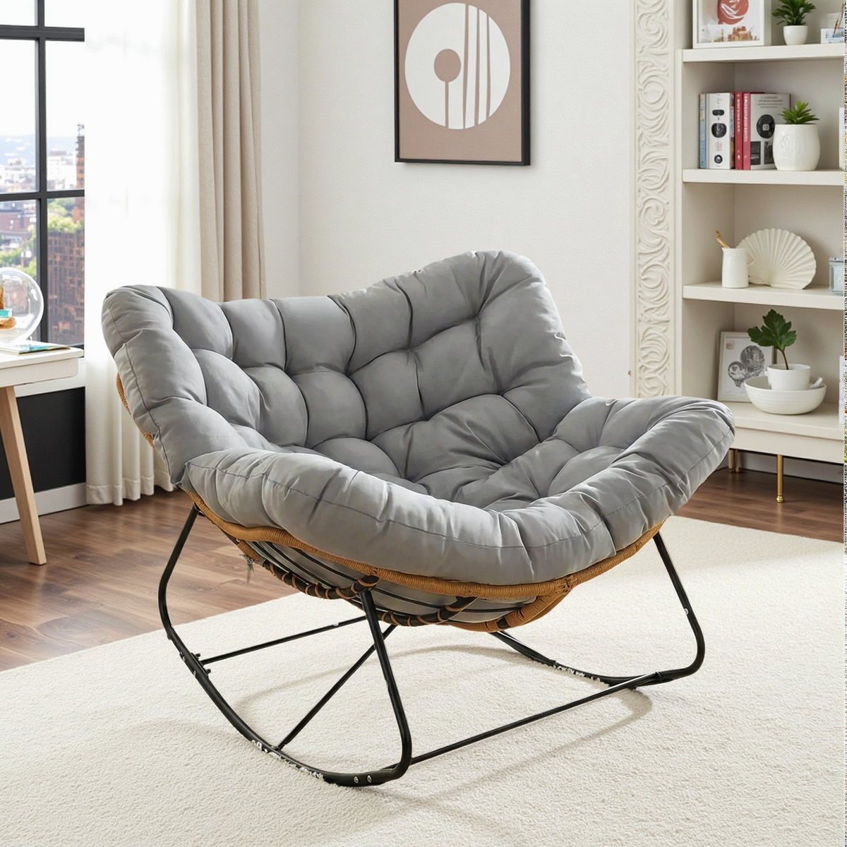 Arlopu Outdoor Papasan Rocking Chair, Oversized Padded Lounge Rocker with Cushion, Comfy Wicker Egg Lounge Chair, Large Indoor Rocking Recliner for Living Room/Porch/Garden
