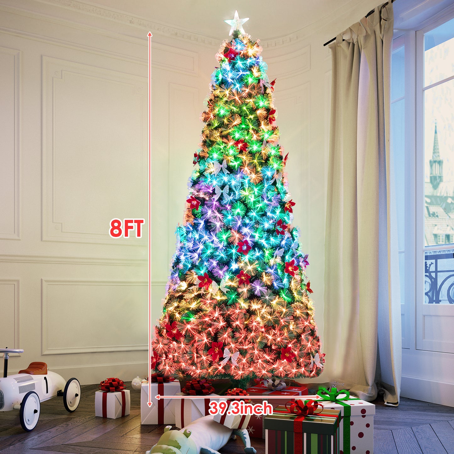 Arlopu Pre-Lit Optical Fiber Christmas Tree, 8/9/10FT Artificial Christmas Tree with Top Star, Fake Xmas Tree