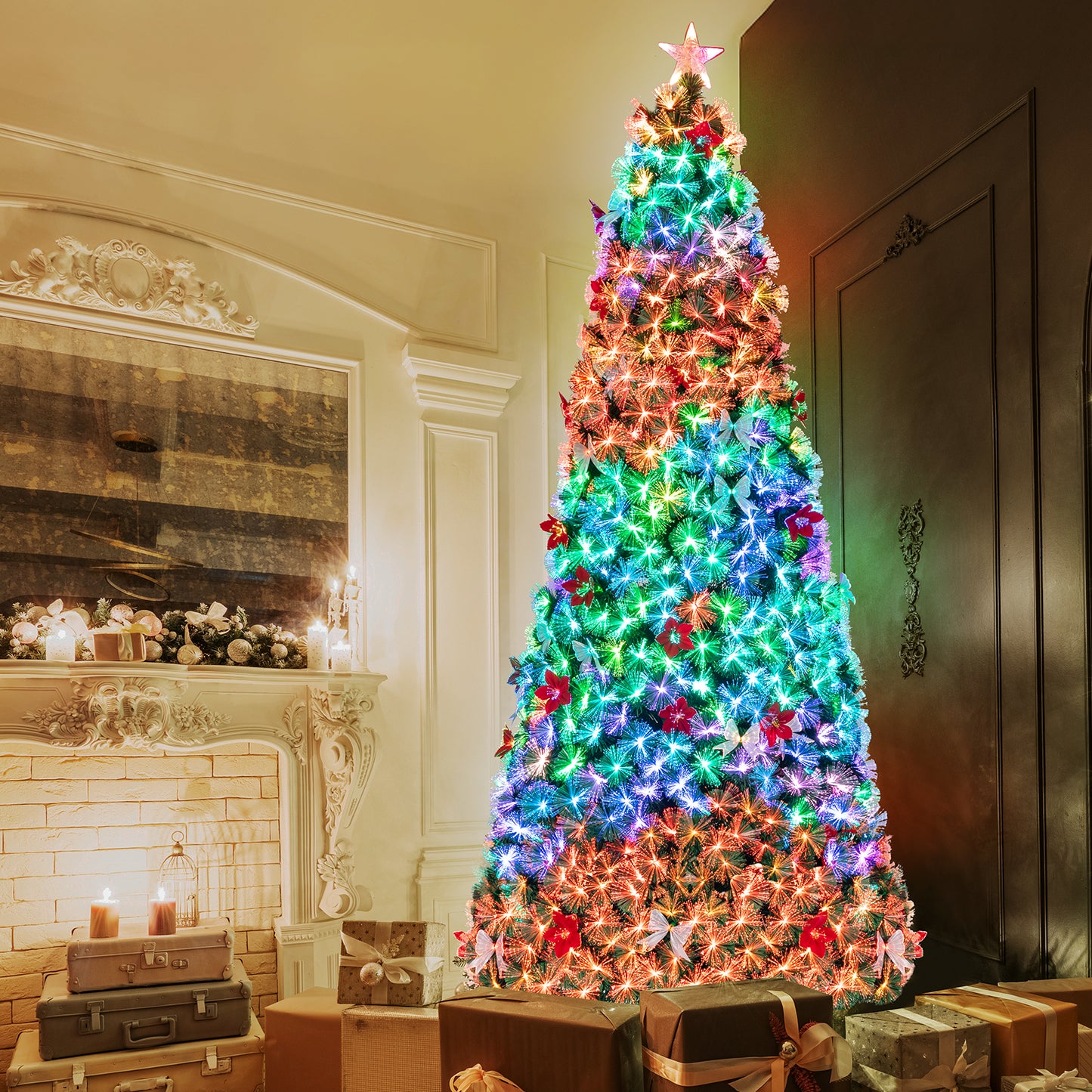Arlopu Pre-Lit Optical Fiber Christmas Tree, 8/9/10FT Artificial Christmas Tree with Top Star, Fake Xmas Tree