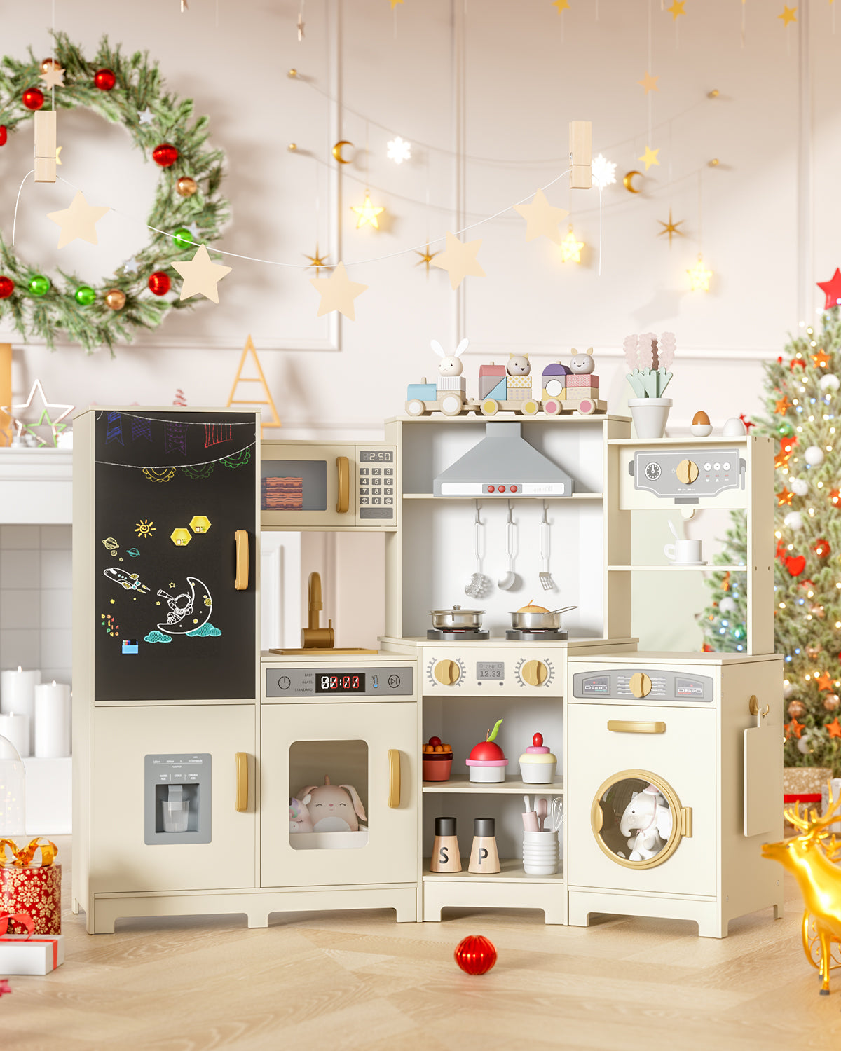 Arlopu Kids Corner Play Kitchen, Ultimate Interactive Wooden Kitchen Playset with Lights & Sounds, Cooking Toy Set with Stove, Range Hood, Sink, Faucet, Ice Maker & Washing Machine