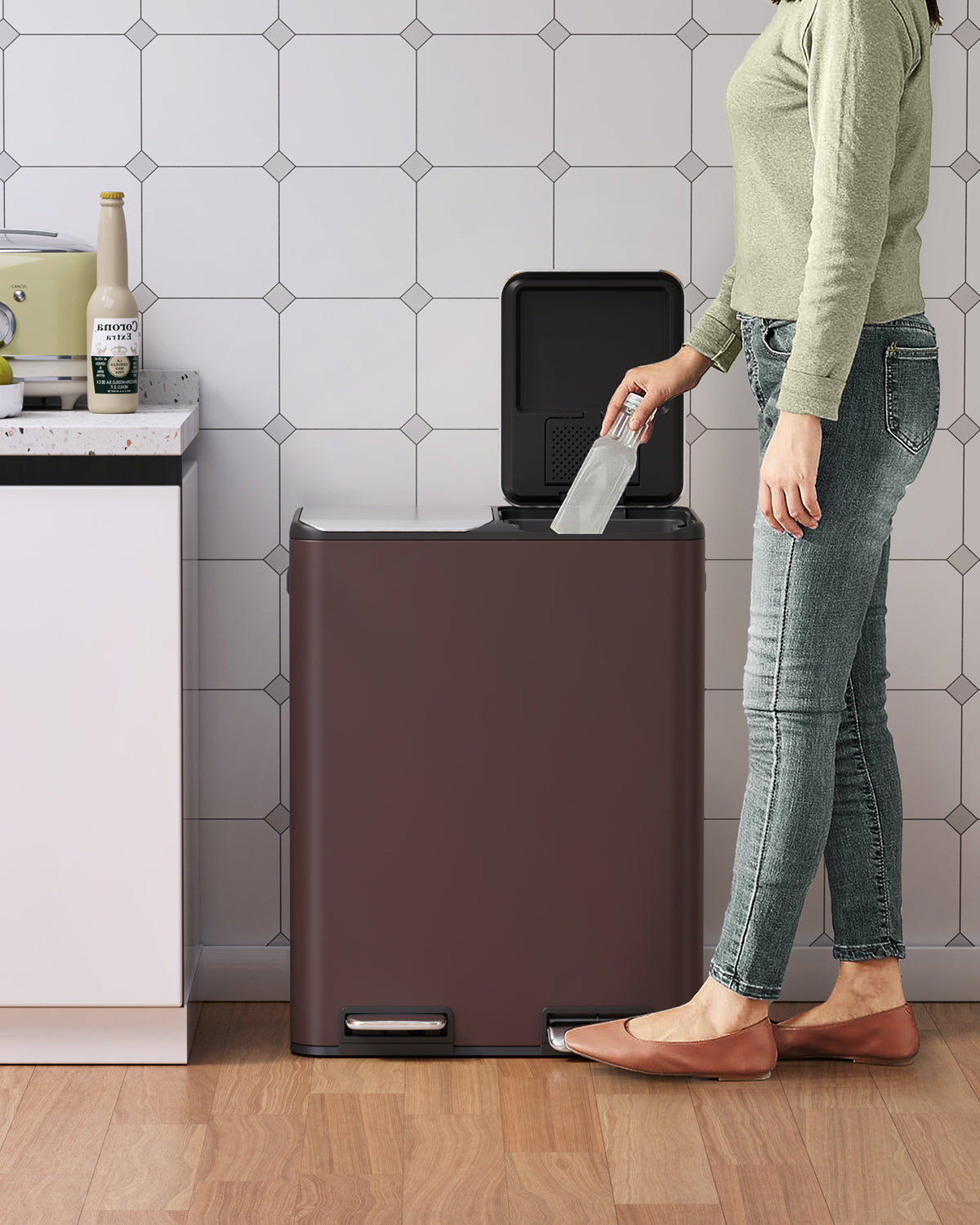 Arlopu 16 Gal Dual Trash Can Kitchen Garbage Bin Recycle Waste Dustbin w/ 2 Buckets & Soft-Close Lid