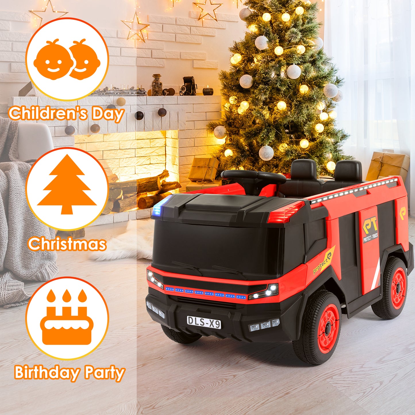 Arlopu Ride On Fire Truck, 12V Electric Vehicle Ride on Police Car for Kids with Remote Control, 3 Speeds, Siren, Bluetooth, LED Lights