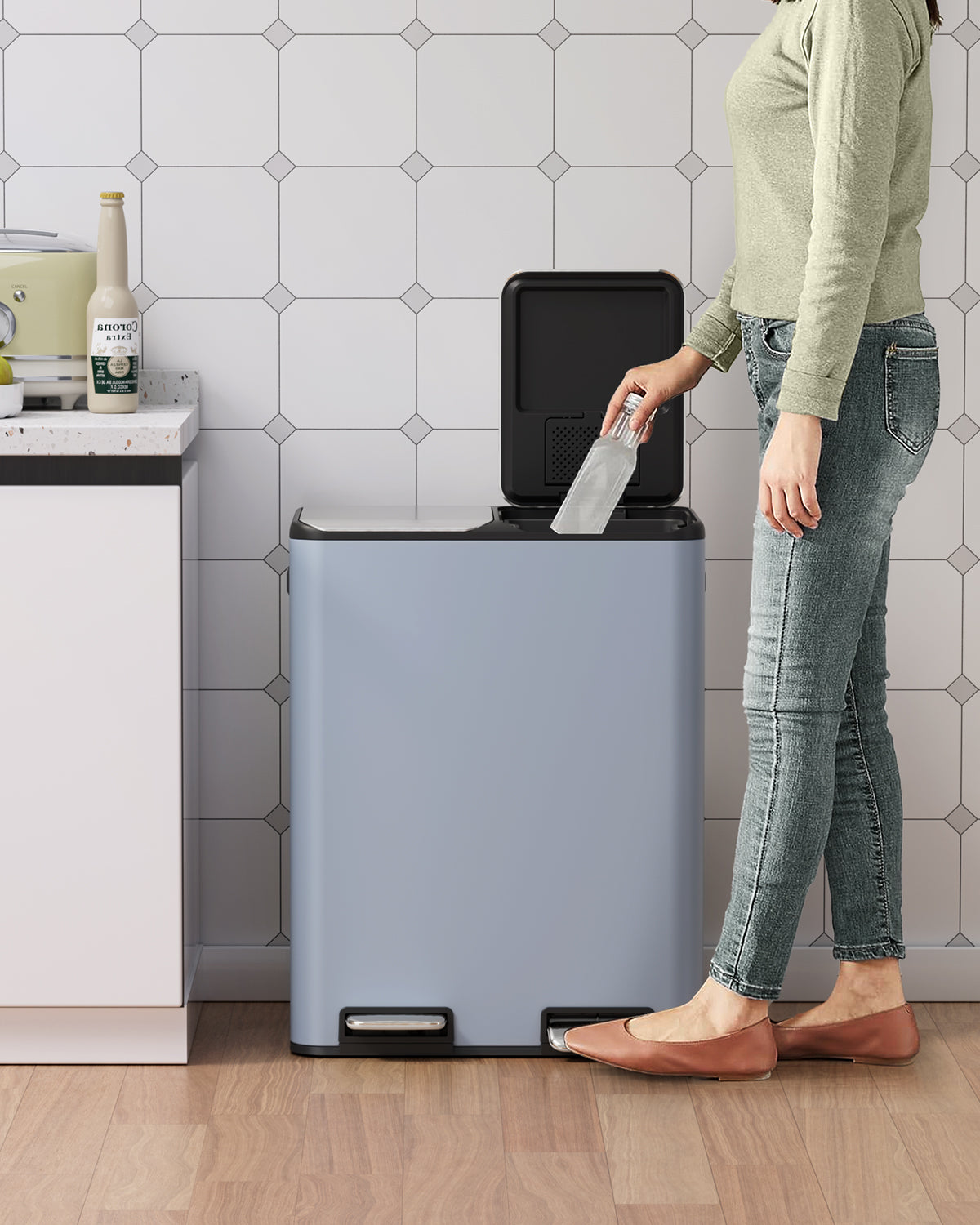 Arlopu 16 Gal Dual Trash Can Kitchen Garbage Bin Recycle Waste Dustbin w/ 2 Buckets & Soft-Close Lid