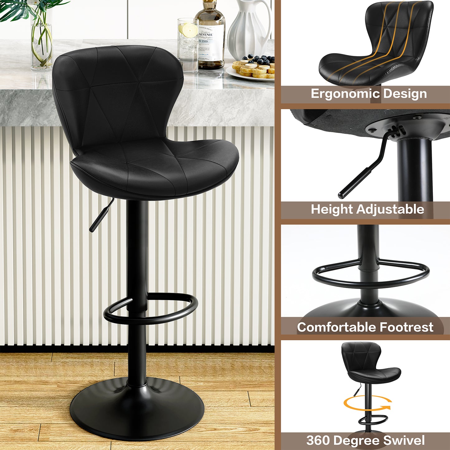 Arlopu Bar Stools Set of 4, Adjustable Swivel PU Leather Counter Seats, Counter Height Barstools with Back & Footrest for for Bar/ Kitchen/Dining Room
