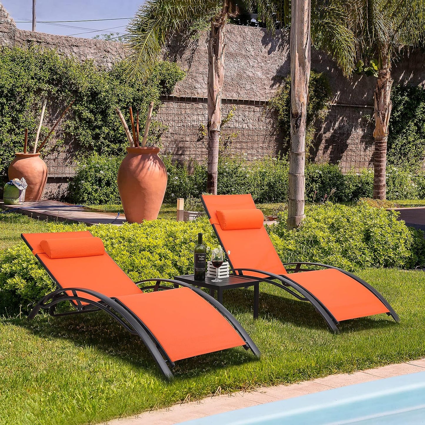 Arlopu 3pcs Poolchairs Patio Chaise Lounge Set with Headrest, 5-Level Adjustable Sunbathing Tanning Poolside Lounger Recliner Chairs with Side Table for Outdoor Beach