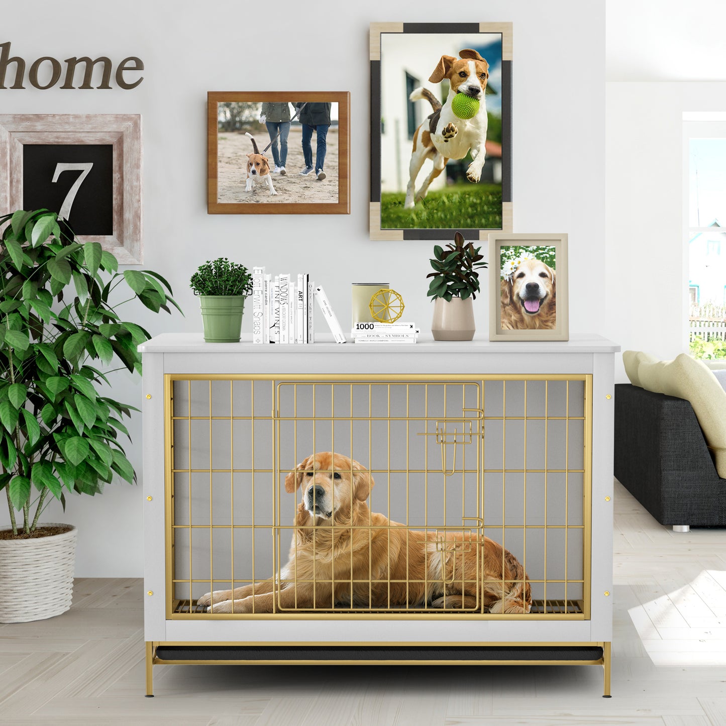 Arlopu 44.1'' Large Dog Crate Furniture, Wooden End Table Modern Indoor Dog Kennel with Double Doors, Heavy Duty Dog Cage with Pull-Out Tray, for Medium/Large/Small Pet Dogs