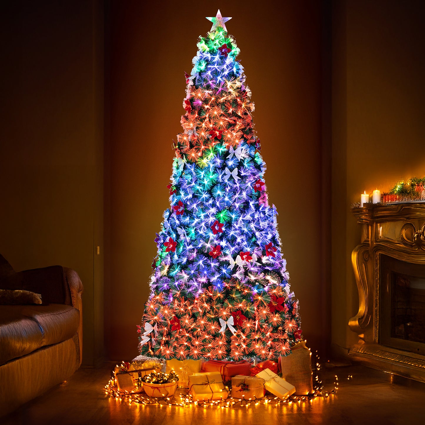 Arlopu Pre-Lit Optical Fiber Christmas Tree, 8/9/10FT Artificial Christmas Tree with Top Star, Fake Xmas Tree