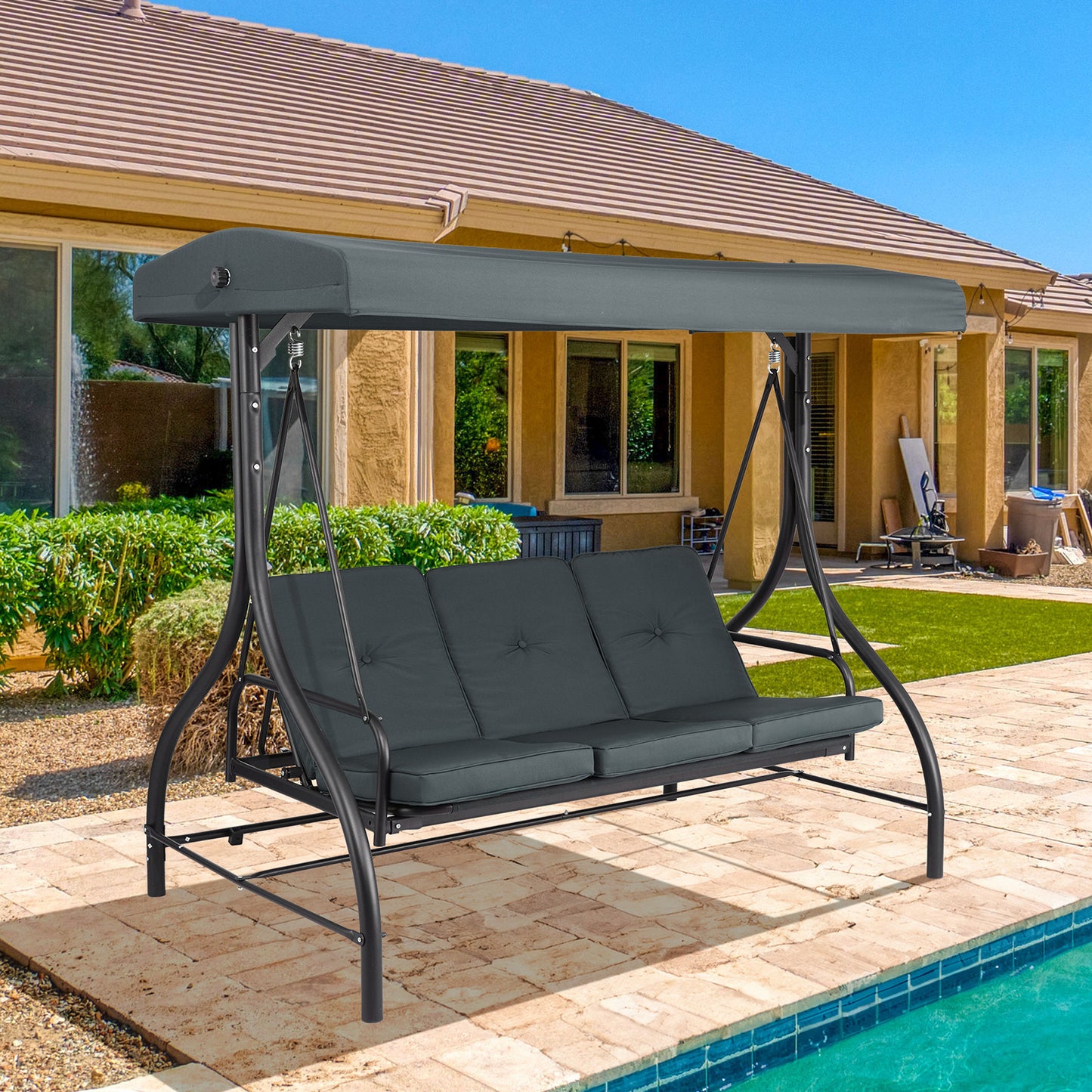 Arlopu 3-Seat Patio Swing, Porch Swings, Glider Swing Bed Chair, w/Adjustable Canopy, Removable Cushions, for Outside Backyard, Garden