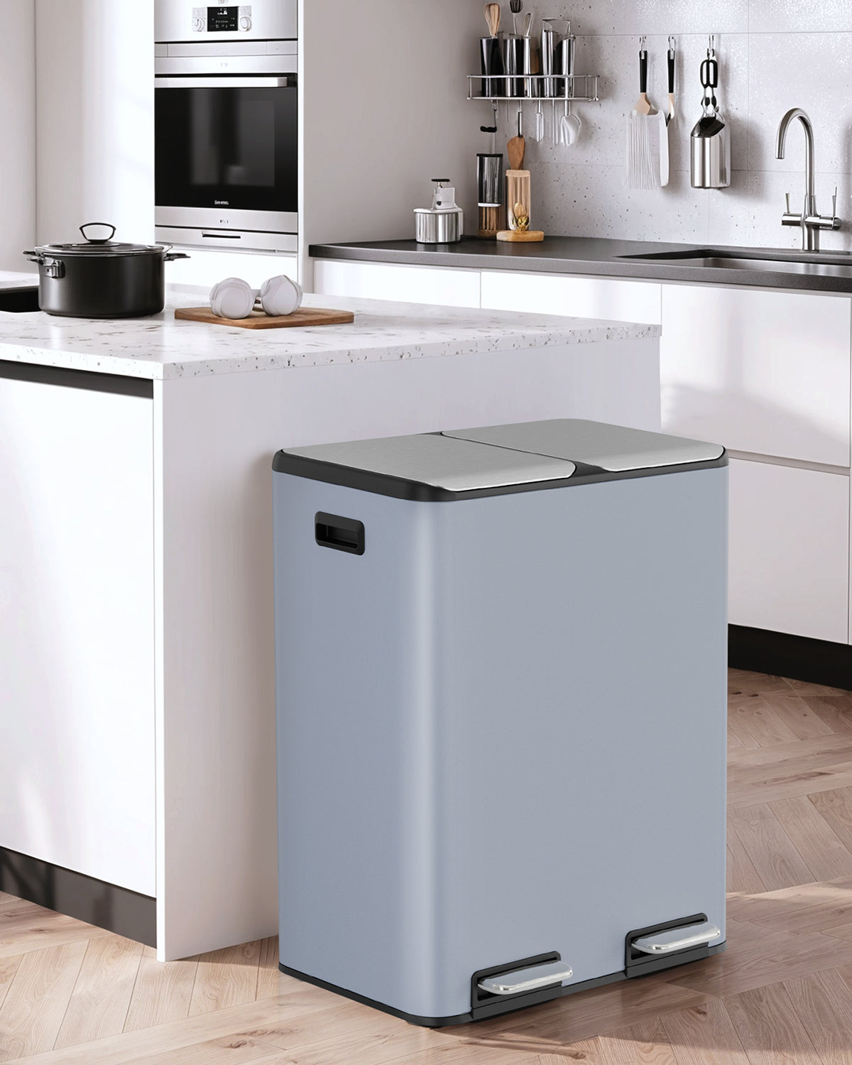 Arlopu 16 Gal Dual Trash Can Kitchen Garbage Bin Recycle Waste Dustbin w/ 2 Buckets & Soft-Close Lid