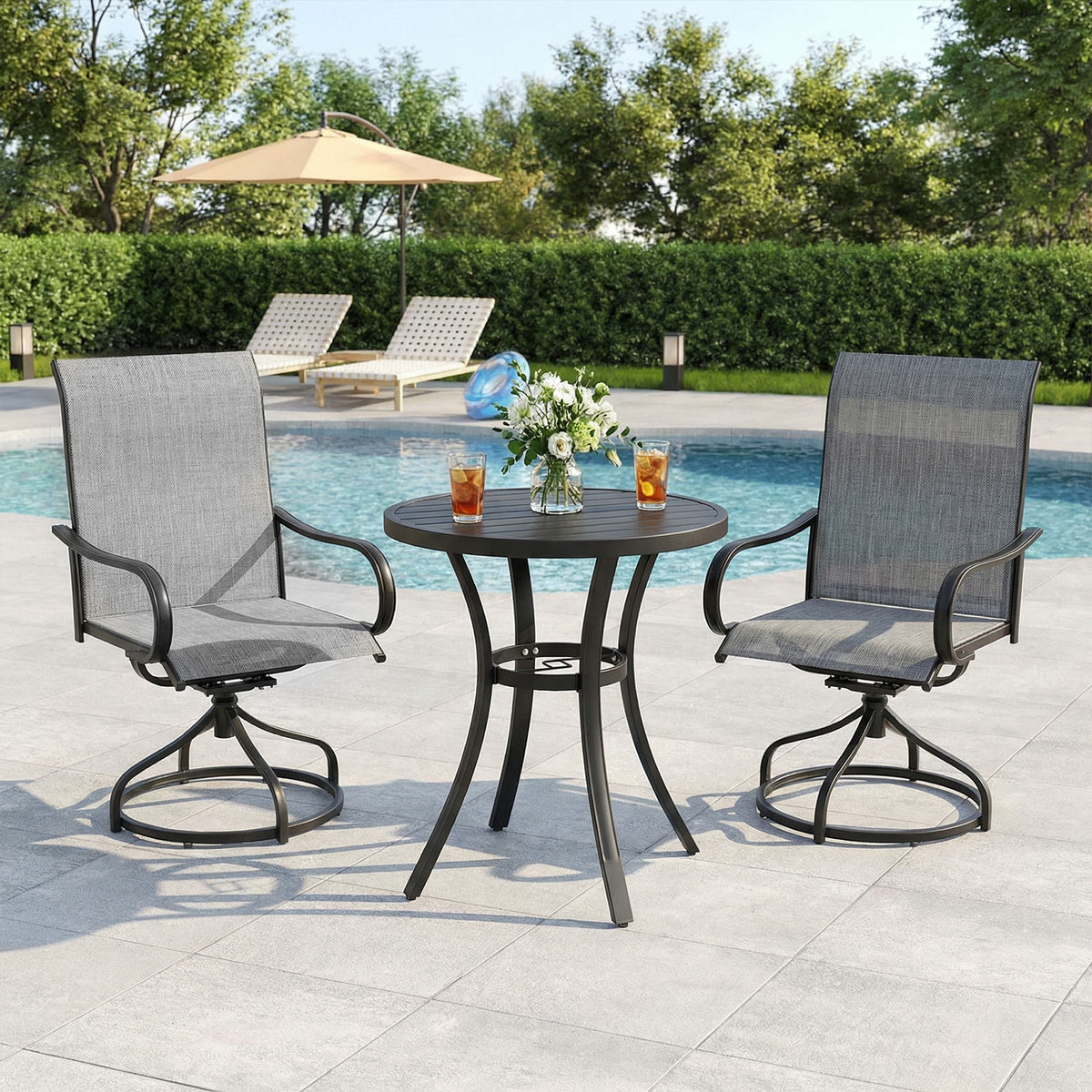 Arlopu 3pcs Patio Dining Set with Round Metal Table and 2 Patio 360° Swivel Chairs, Outdoor Dining Furniture Set w/1.57"-1.8" Adjustable Umbrella Hole & Foot Pads for Graden Backyard Poolside