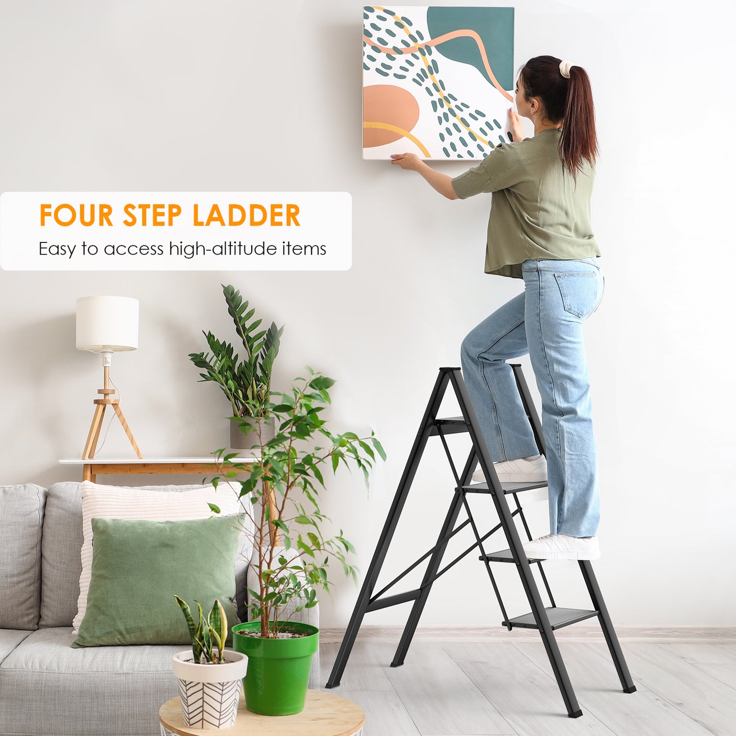 Arlopu 4 Step Ladder, Folding Step Stool with Wide Anti-Slip Pedals, Aluminum Portable Lightweight Ladder for Home, Kitchen, Office, Sturdy Temporary Storage Shelf Rack, Max Capacity 330lbs