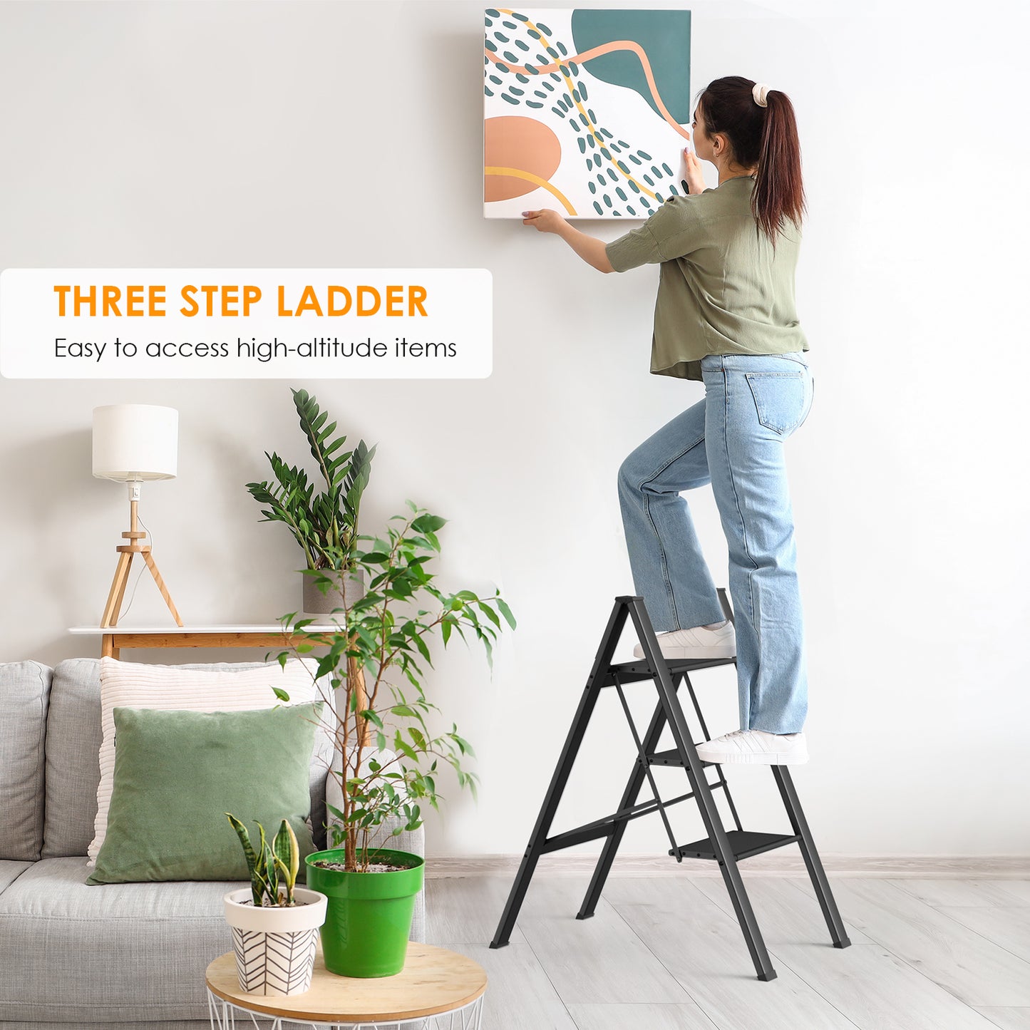 Arlopu 3 Step Ladder, Folding Step Stool with Wide Anti-Slip Pedals, Aluminum Portable Lightweight Ladder for Home, Kitchen, Office, Sturdy Temporary Storage Shelf Rack, Max Capacity 330lbs, Black