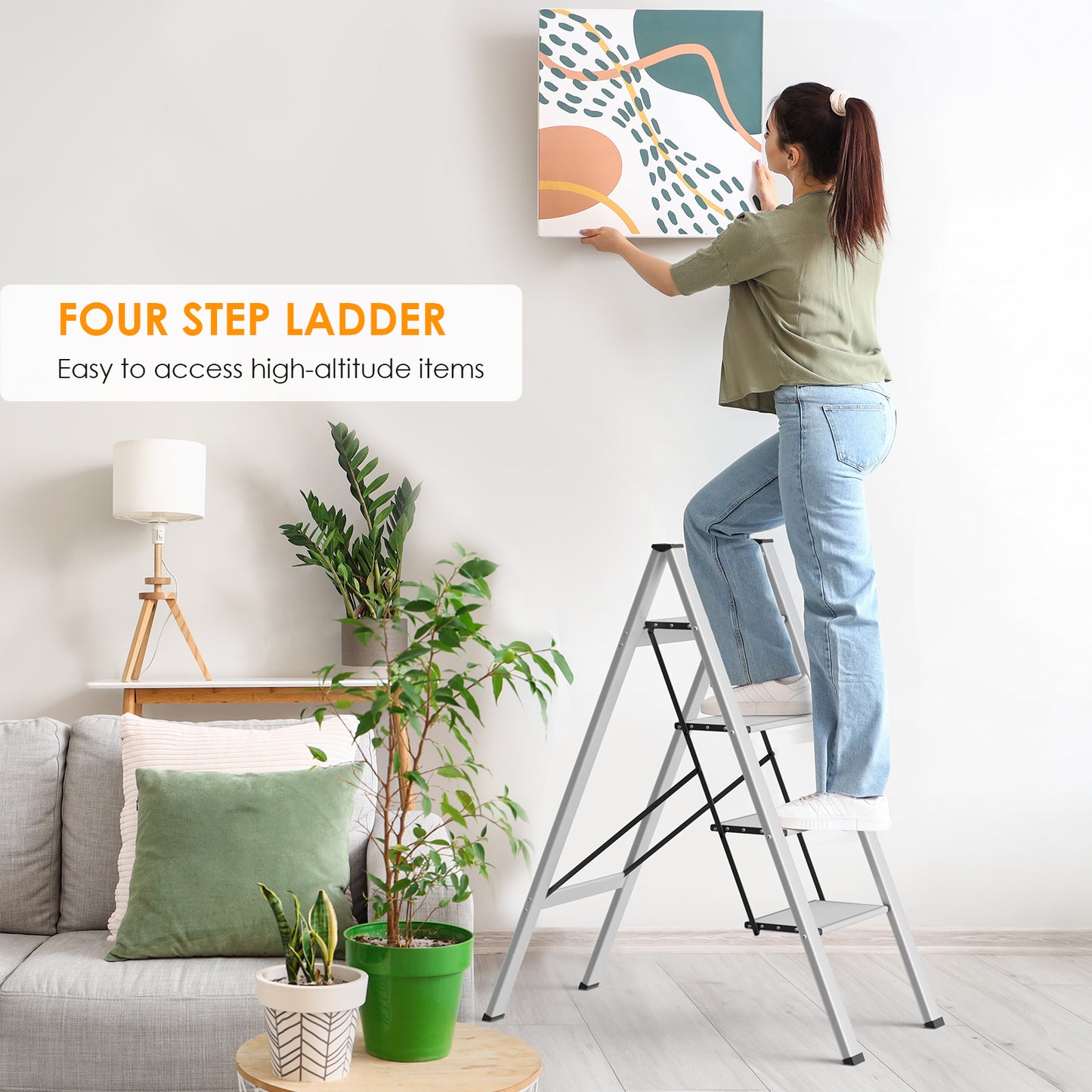 Arlopu 4 Step Ladder, Folding Step Stool with Wide Anti-Slip Pedals, Aluminum Portable Lightweight Ladder for Home, Kitchen, Office, Sturdy Temporary Storage Shelf Rack, Max Capacity 330lbs, Silver