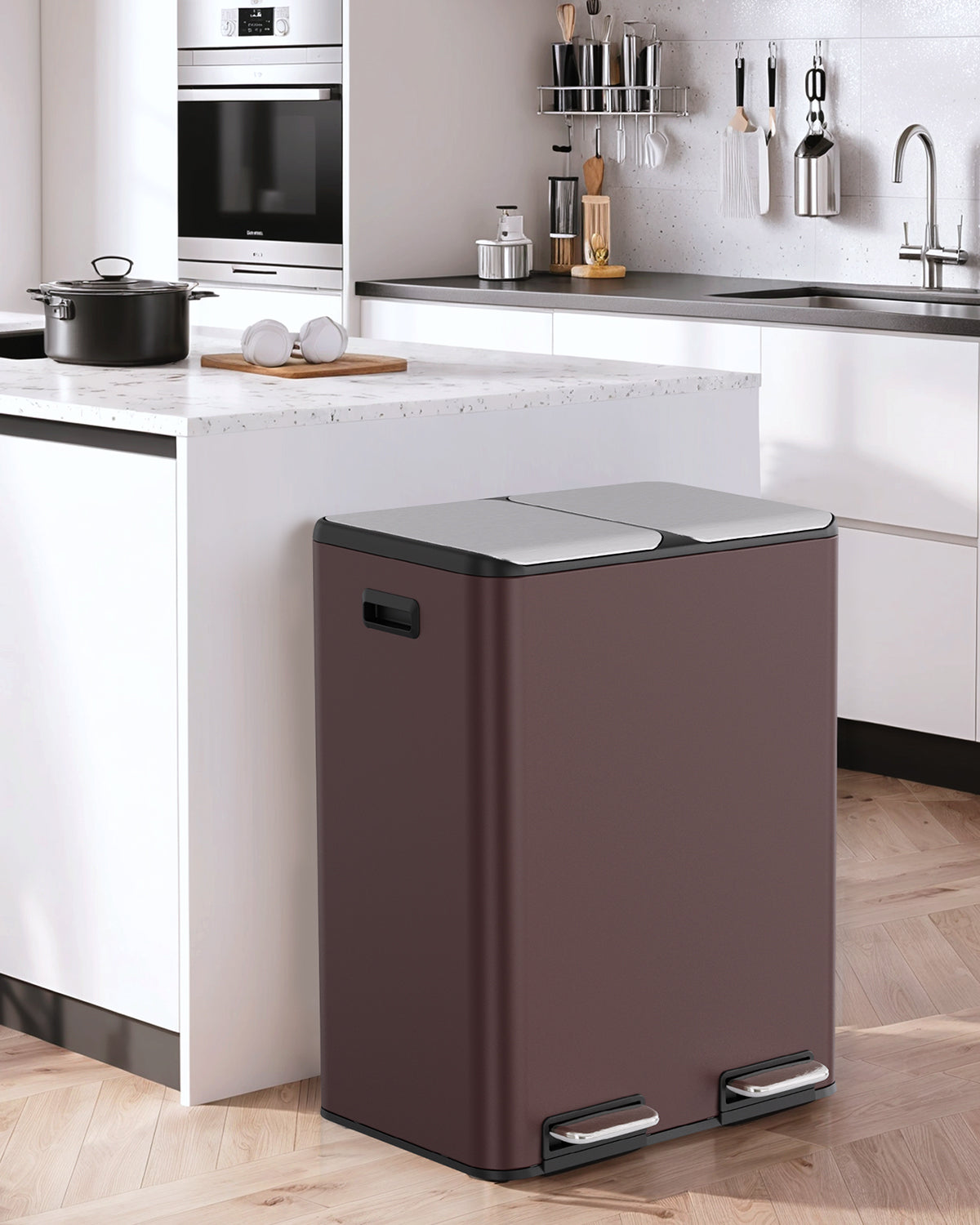 Arlopu 16 Gal Dual Trash Can Kitchen Garbage Bin Recycle Waste Dustbin w/ 2 Buckets & Soft-Close Lid
