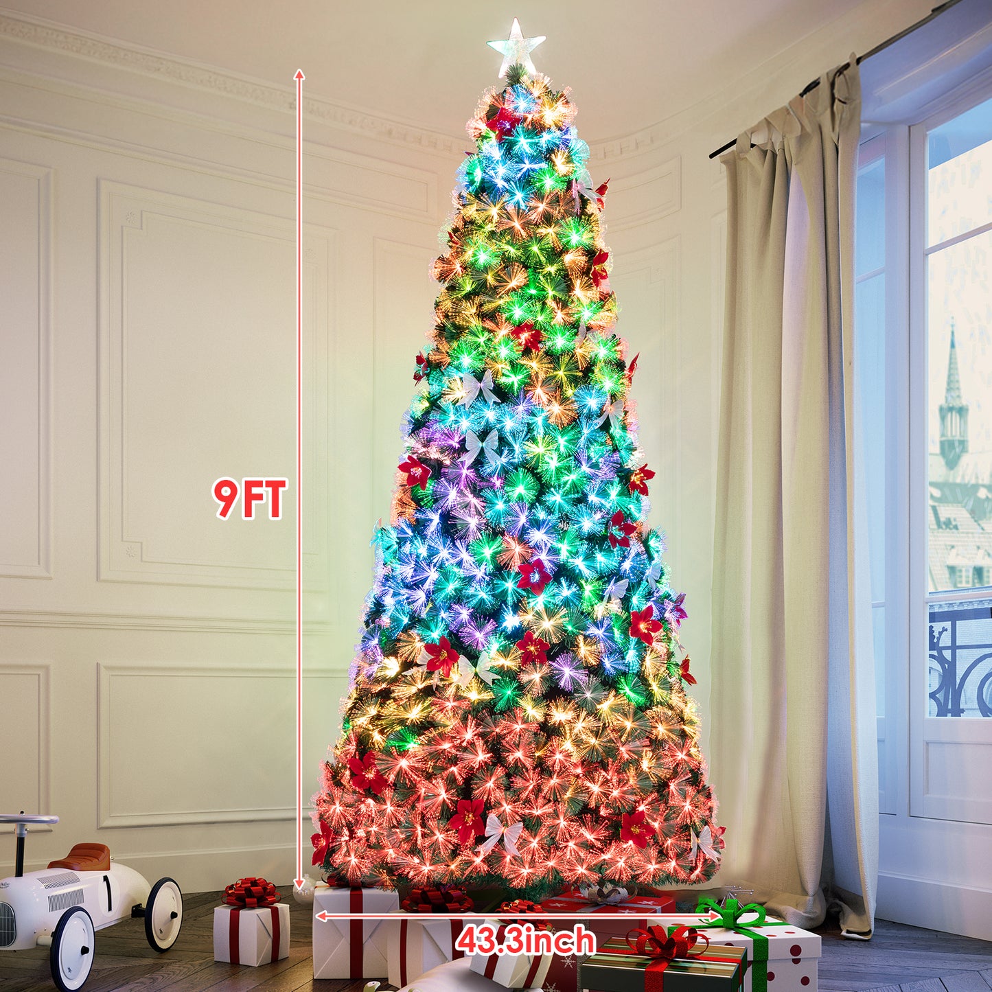 Arlopu Pre-Lit Optical Fiber Christmas Tree, 8/9/10FT Artificial Christmas Tree with Top Star, Fake Xmas Tree