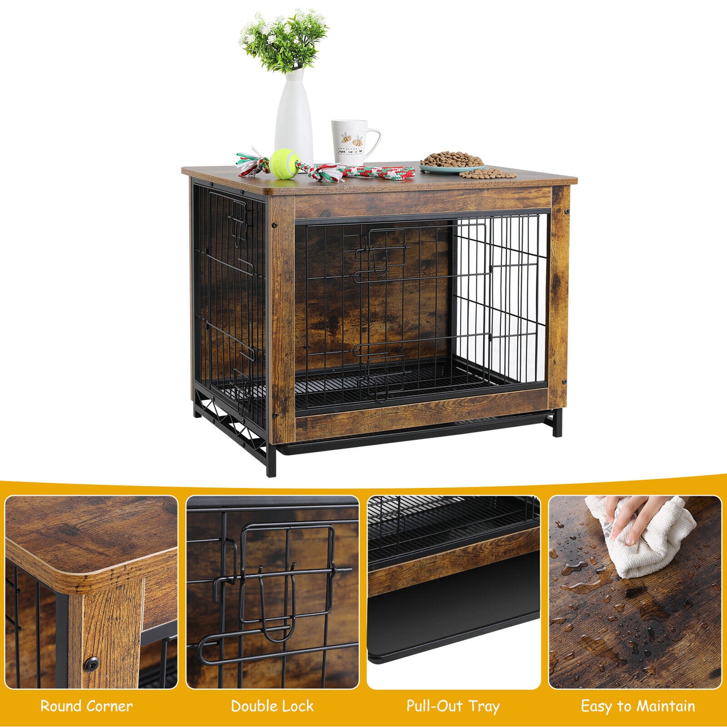 Arlopu 38.6" Dog Crate Furniture, Wooden Side End Table, Modern Indoor Dog Kennel with Double Doors, Heavy-Duty Dog Cage with Pull-Out Tray