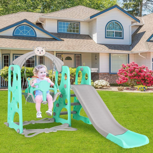 Arlopu Toddler Slide and Swing Set, 4 in 1 Kids Anti-Slip Climber Slide Playset with Basketball Hoop, Outdoor Indoor Playground for Children 3-6 Years
