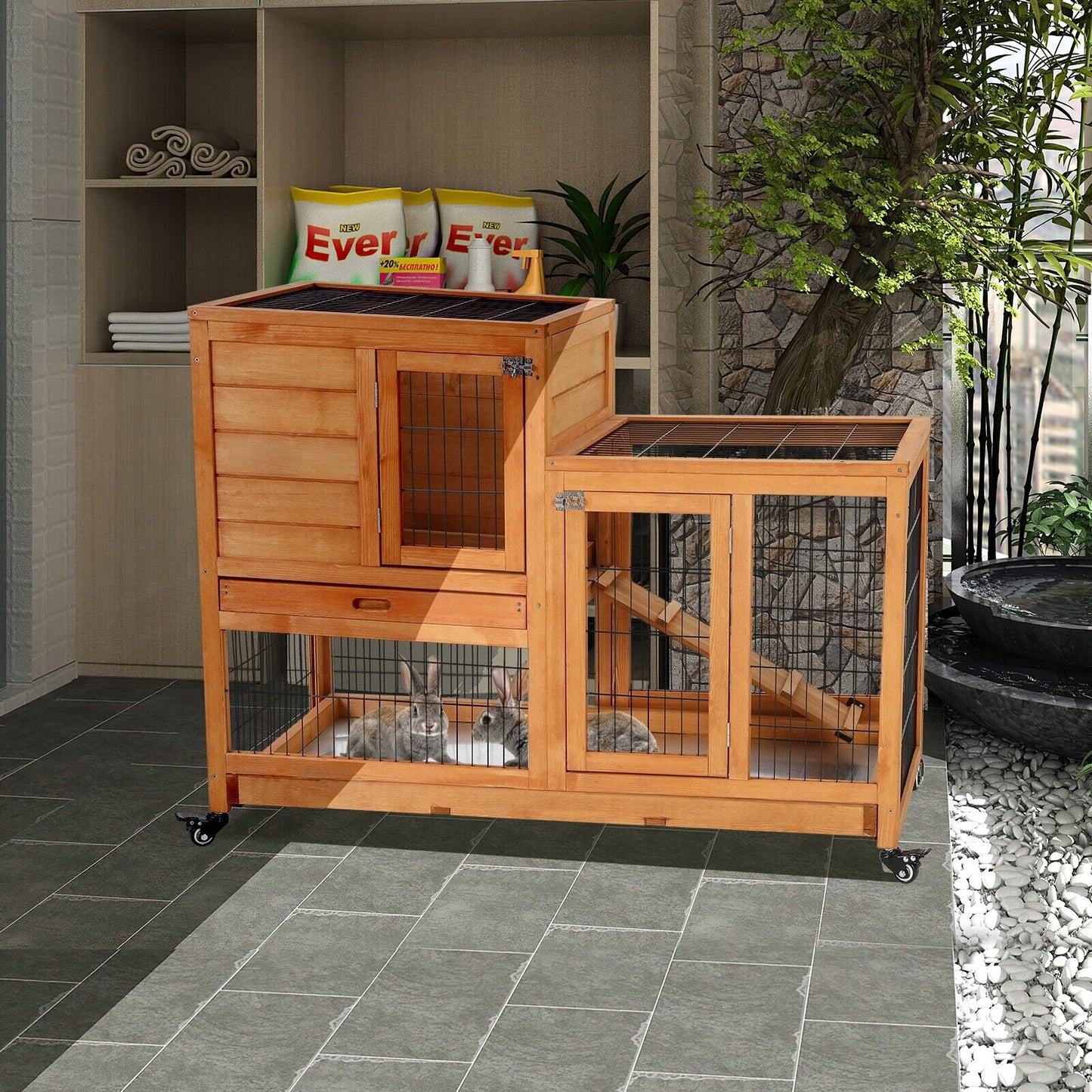 Arlopu 43.3'' Wooden Rabbit Hutch, Elevated Rabbit Cage On Brake Wheel, Large Rolling Bunny Hutch, with 2 Deeper No Leak Tray, Ramp, for Small Animals