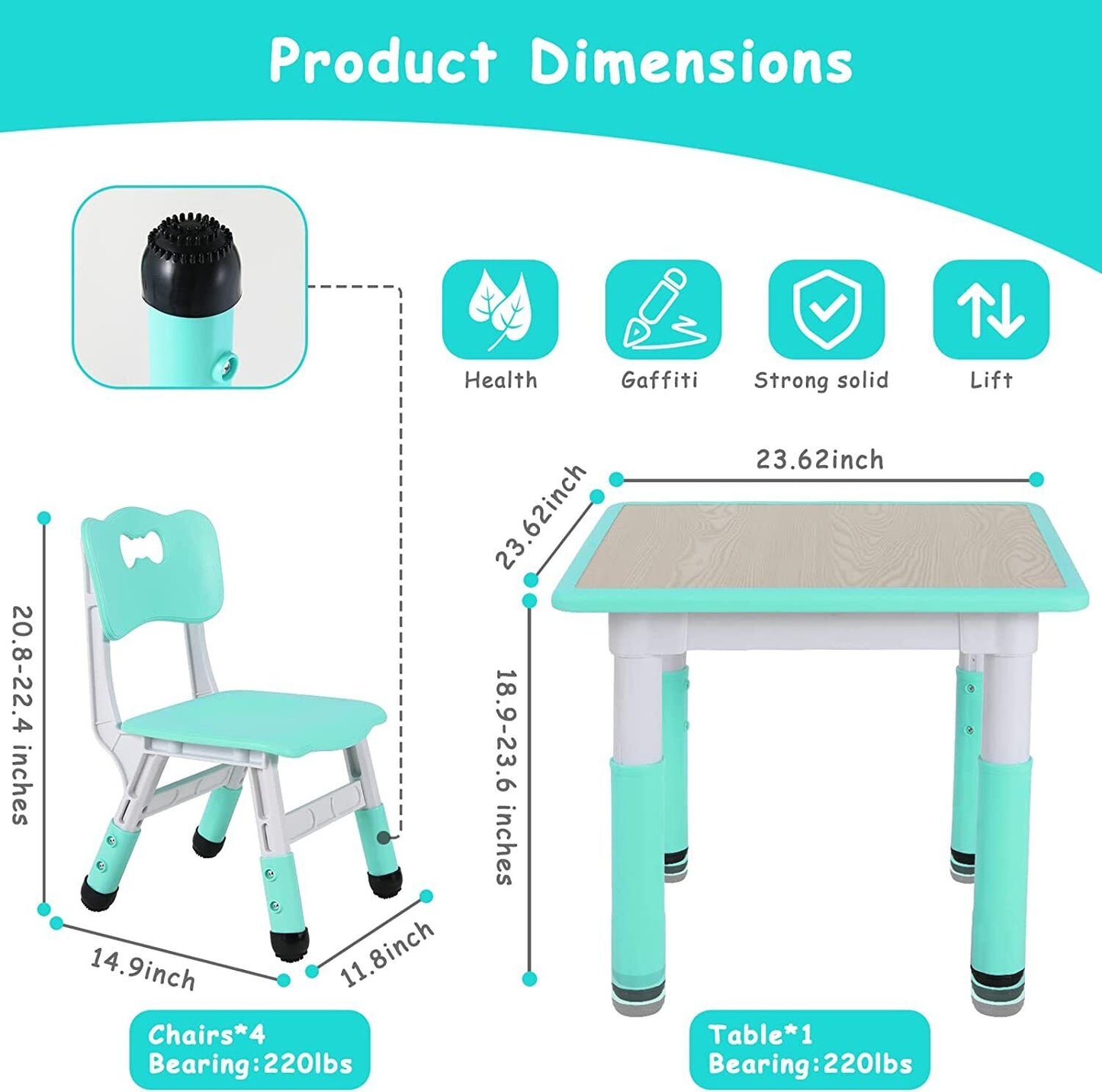 Arlopu Kids Study Table and 4 Chair Set, Height Adjustable Toddler Table and Chair Set for 4, Multifunctional Toddler Table, Reading, Drawing, Eating Interaction
