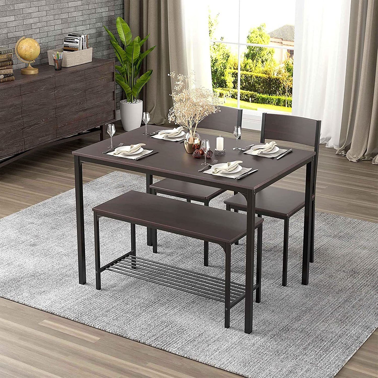 Arlopu 4 Pieces Dining Table Set, 43'' Wooden Kitchen Table with 2 Chairs & Bench for Dining Room (Brown)