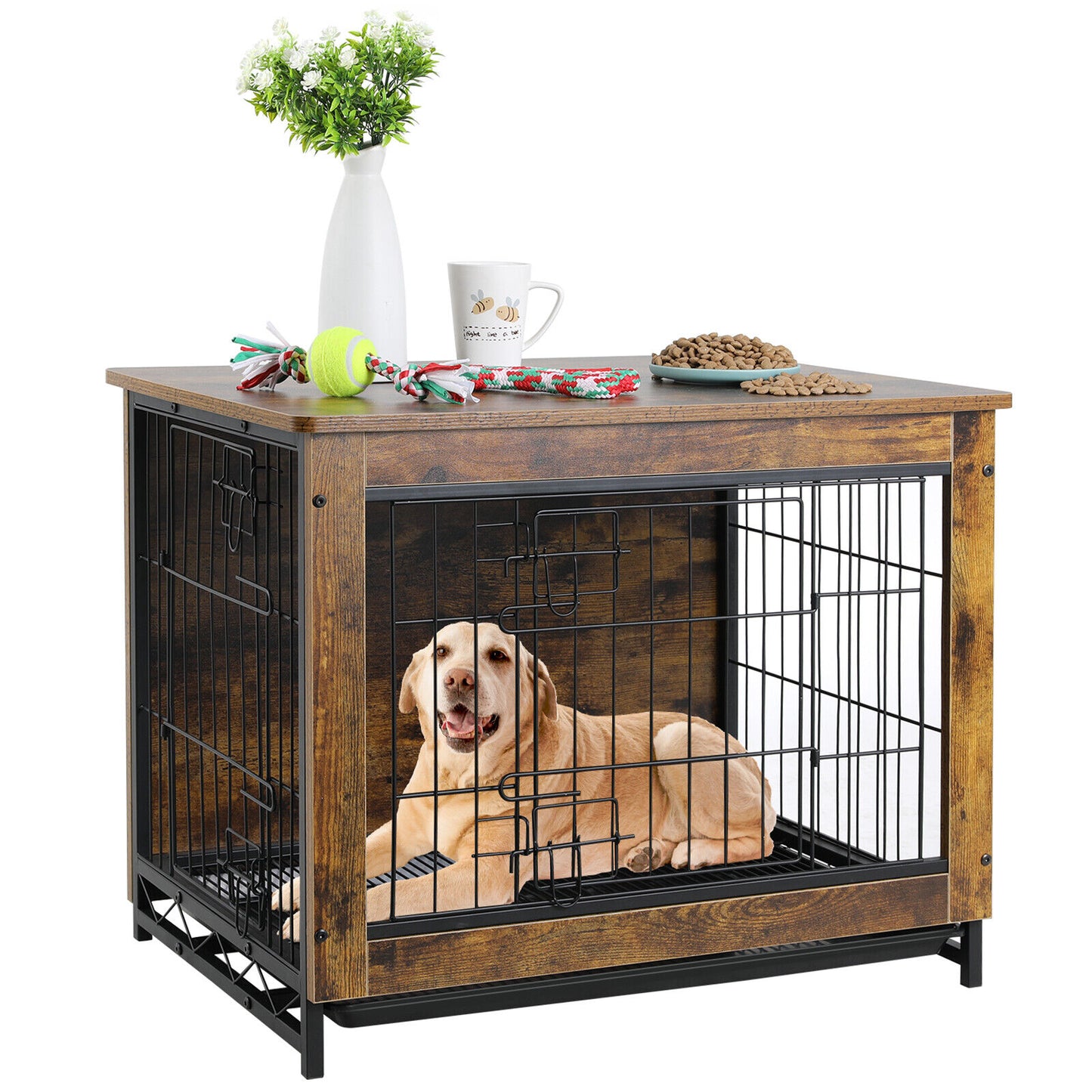 Arlopu 38.6" Dog Crate Furniture, Wooden Side End Table, Modern Indoor Dog Kennel with Double Doors, Heavy-Duty Dog Cage with Pull-Out Tray