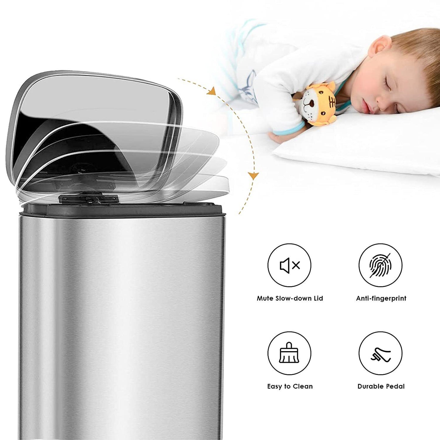 Arlopu 8 Gallon Stainless Steel Trash Can with Lid, Rectangular Kitchen Garbage Can, Silver