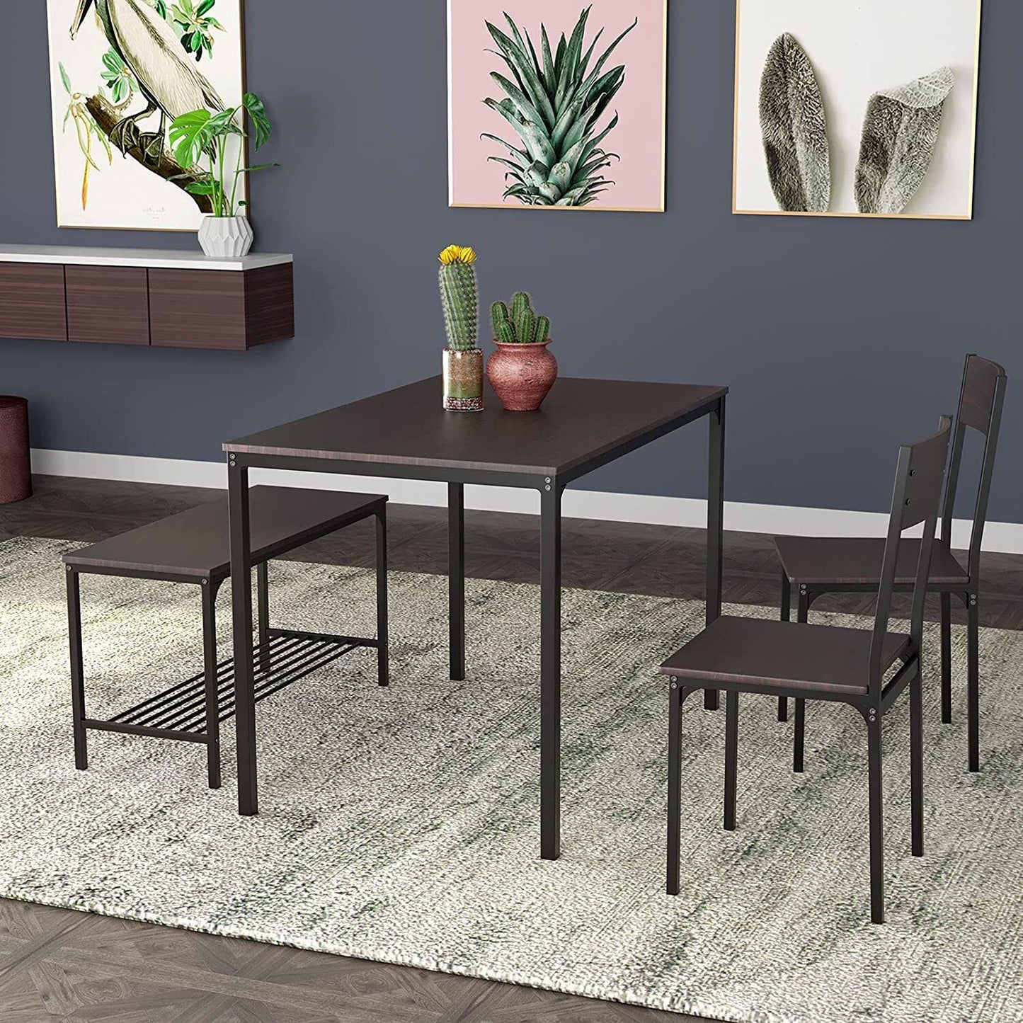 Arlopu 4 Pieces Dining Table Set, 43'' Wooden Kitchen Table with 2 Chairs & Bench for Dining Room (Brown)