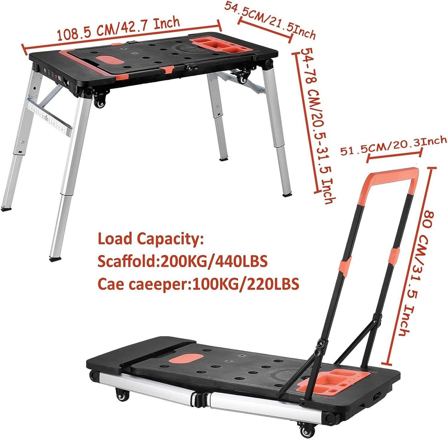 7 in 1 Portable Workbench Folding Work Table Scaffold Car Creeper with 4 Wheels