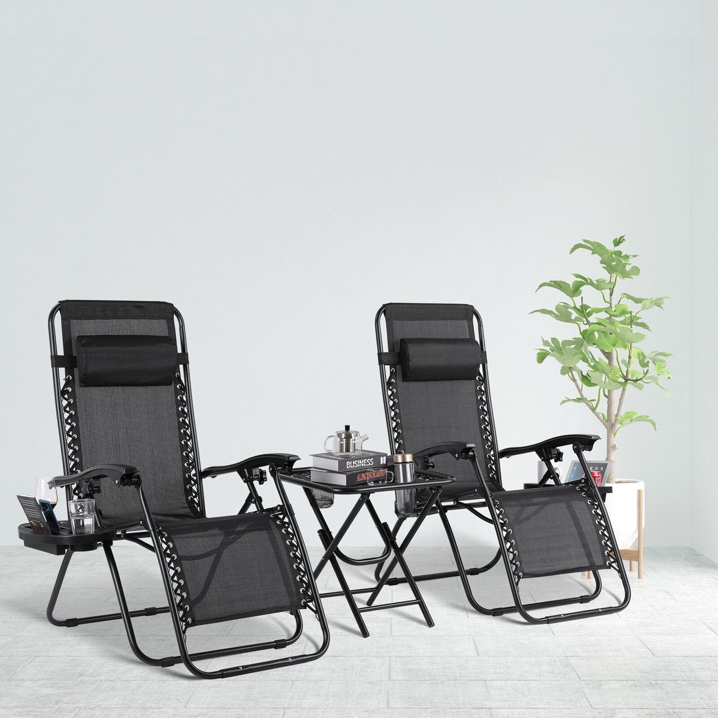 Arlopu 3pcs Folding Zero Gravity Chairs Set with Side Table, Outdoor Patio Adjustable Reclining Lounge Chairs with Headrests