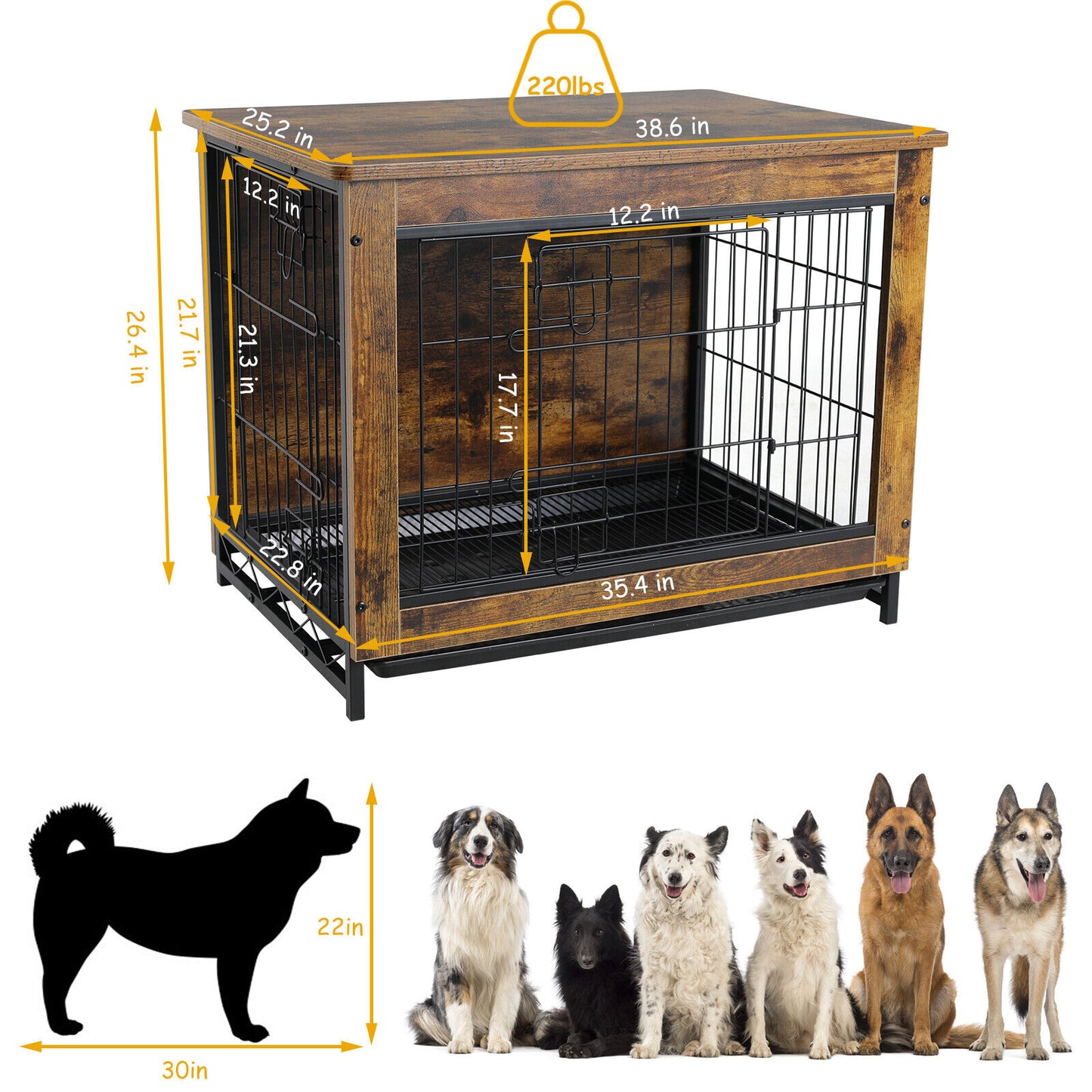 Arlopu 38.6" Dog Crate Furniture, Wooden Side End Table, Modern Indoor Dog Kennel with Double Doors, Heavy-Duty Dog Cage with Pull-Out Tray