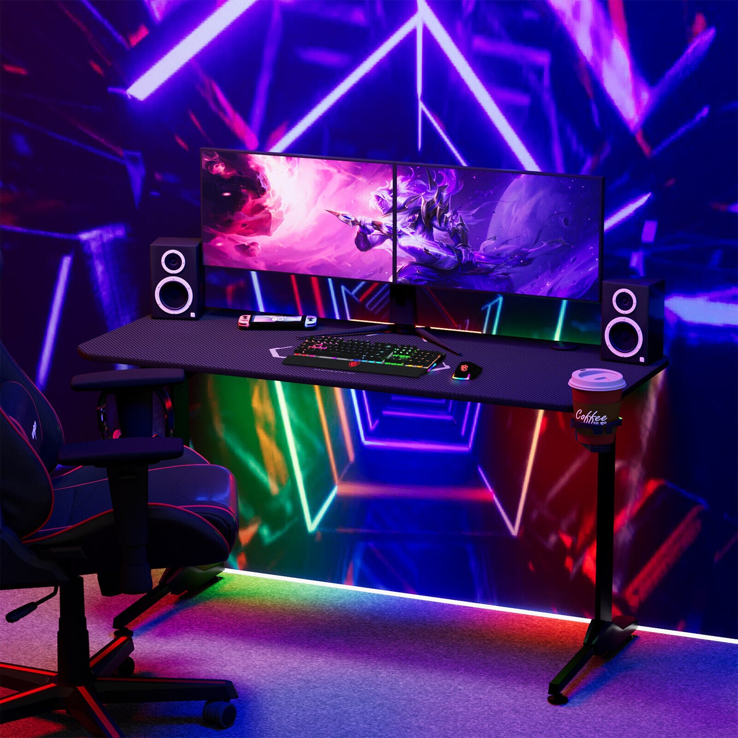 Arlopu 55'' Gaming Desk PC Laptop Computer Desk T-Shaped Gamer Table Workstation with Moused Pad, Cup Holder & Headphone Hook