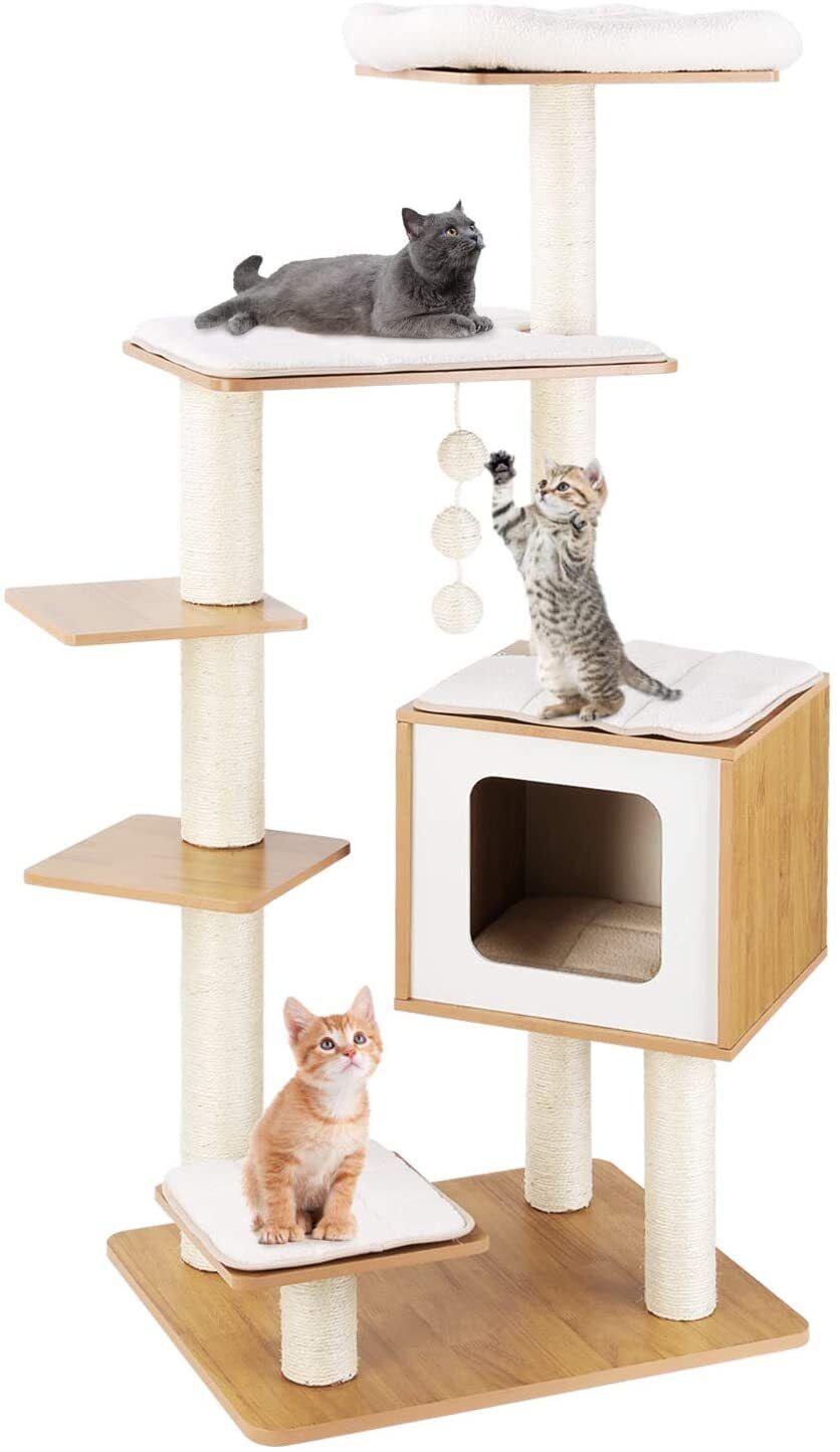 Arlopu 55'' Tall Modern Cat Tree Tower for Indoor Cats, Wooden Cat Climbing Stand Furniture, 6 Level Platform Cat Activities Condo House with Scratch Post, Washable Mats & Top Perch, for Kittens & Large Cats