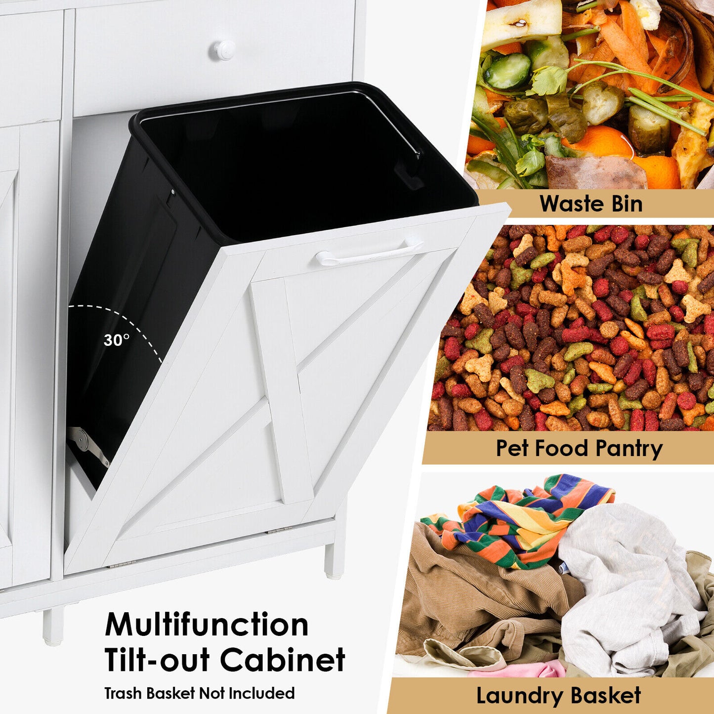Arlopu Double Tilt Out Trash Cabinet, 2 x 10 Gallon Freestanding Garbage Bin Holder Wooden Laundry Sorter Cabinet with Drawer for Kitchen, Living Room