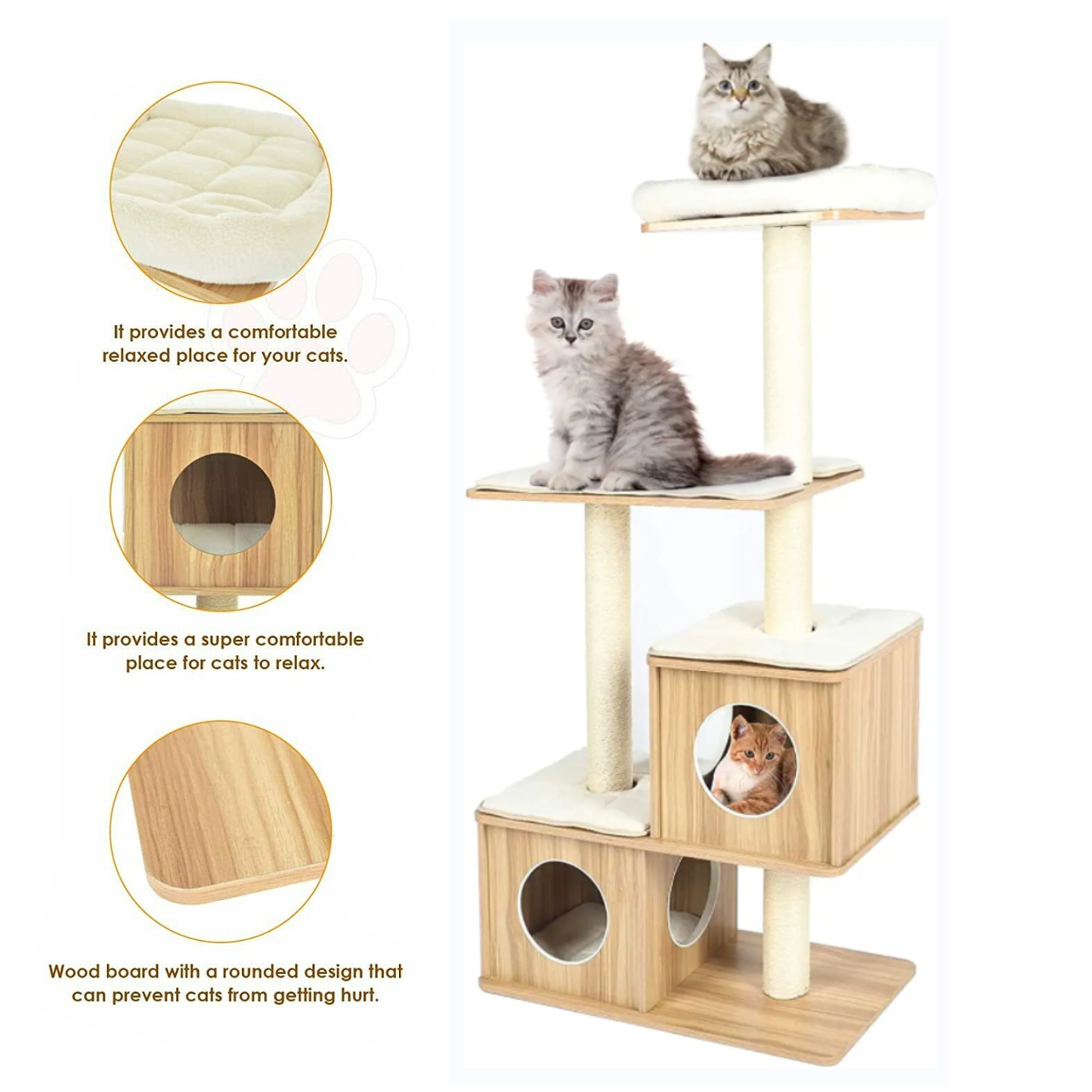 Arlopu Modern Wooden Cat Tree Tower, Large Cat Condo Furniture with Multi-Layer Platform, 55.6" Tall Cat Climbing Stand House with Sisal Scratching Post, Washable Plush Cushion for Kittens / Large Cats