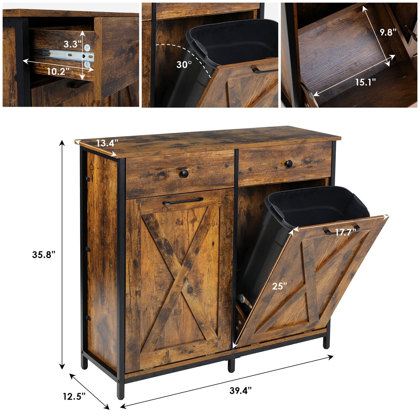 Arlopu Double Tilt Out Trash Cabinet, 2 x 10 Gallon Freestanding Garbage Bin Holder Wooden Laundry Sorter Cabinet with Drawer for Kitchen, Living Room