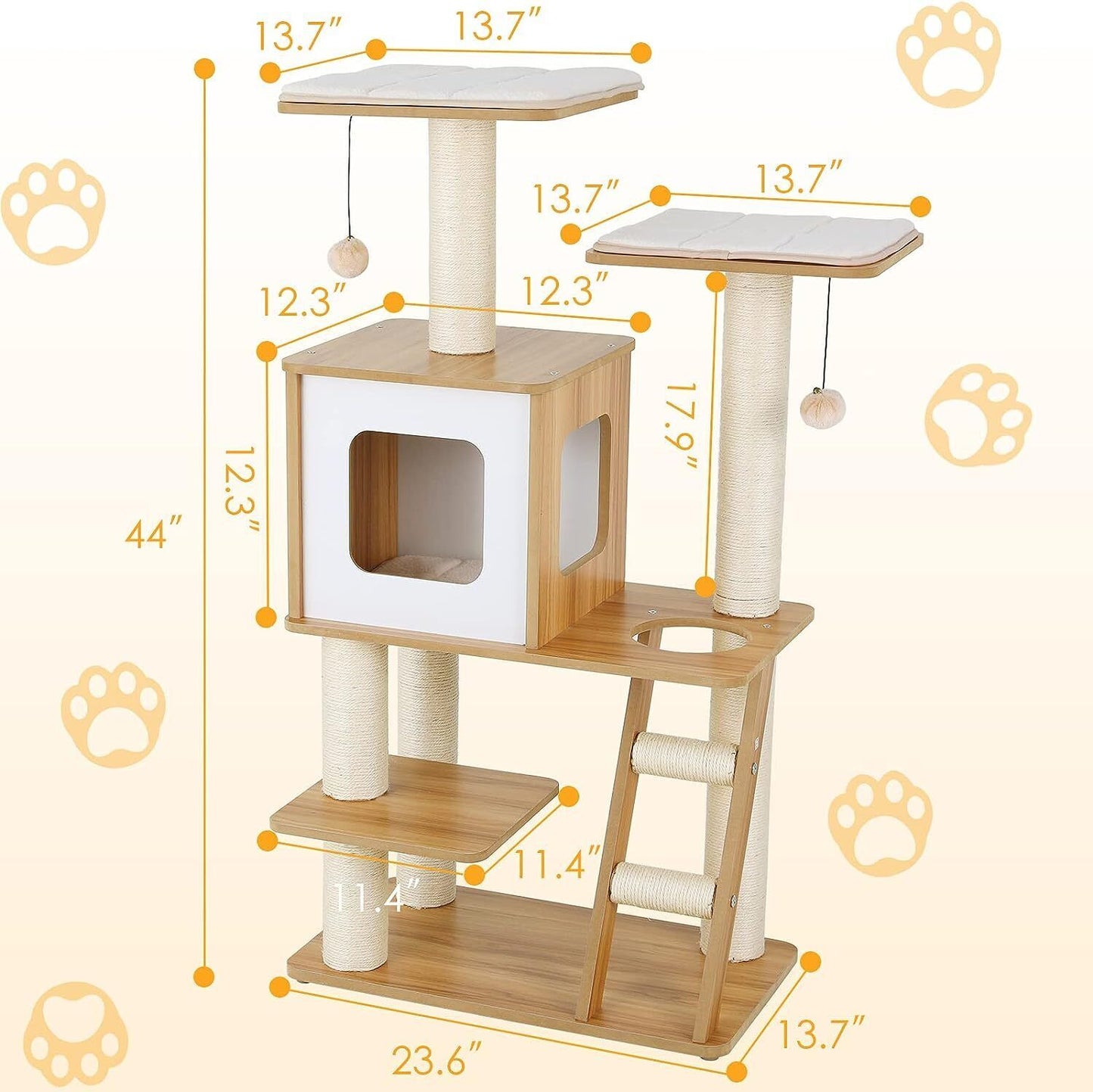 Arlopu 45" Wood Cat Tree Tower with Ladder, Modern Cat Condo Climbing Stand Indoor Activities Center with Sisal Scratching Post, Washable Plush Mats