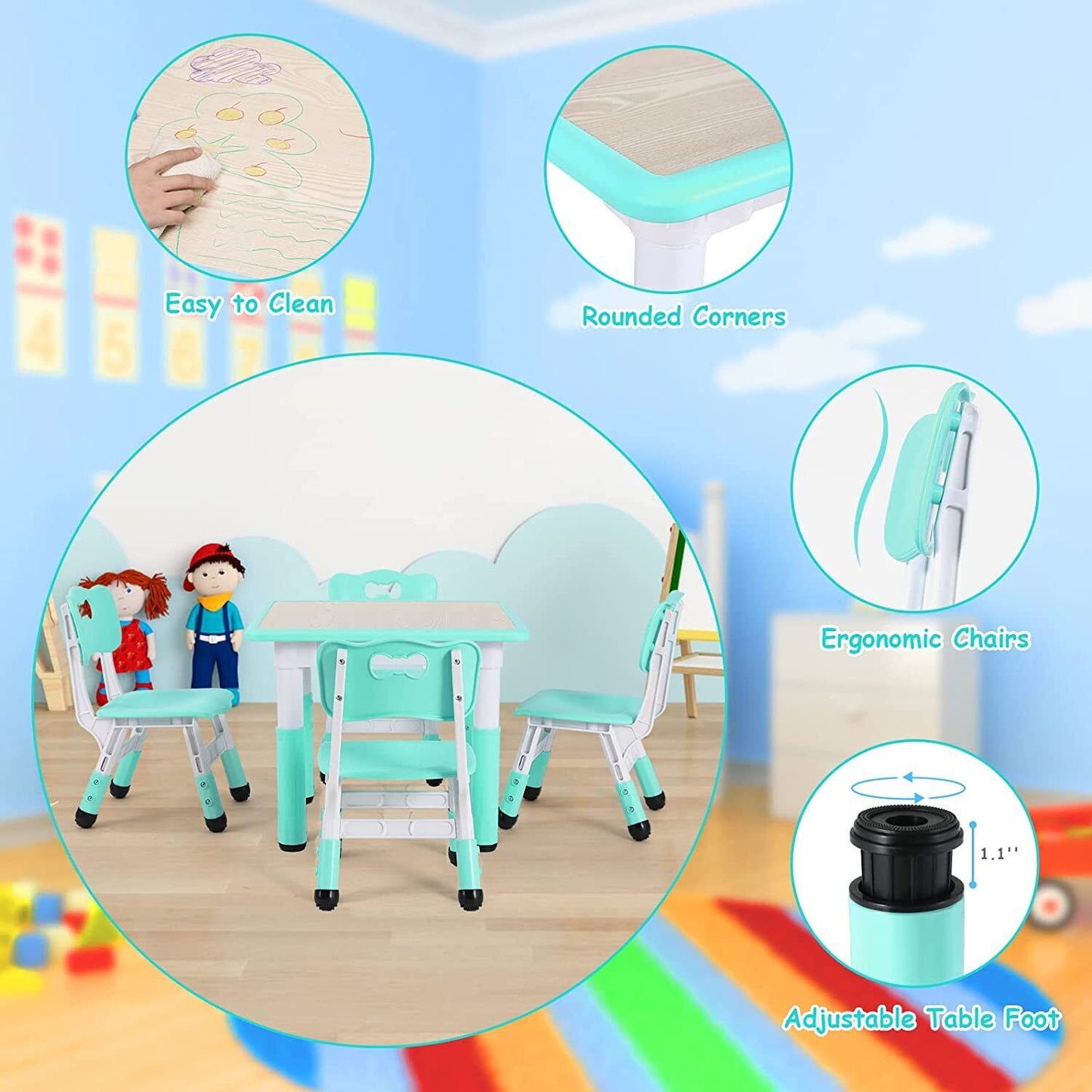 Arlopu Kids Study Table and 4 Chair Set, Height Adjustable Toddler Table and Chair Set for 4, Multifunctional Toddler Table, Reading, Drawing, Eating Interaction