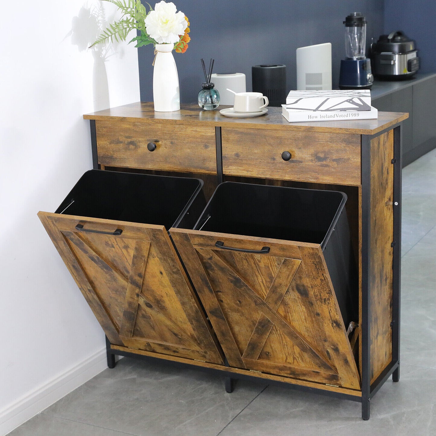 Arlopu Double Tilt Out Trash Cabinet, 2 x 10 Gallon Freestanding Garbage Bin Holder Wooden Laundry Sorter Cabinet with Drawer for Kitchen, Living Room