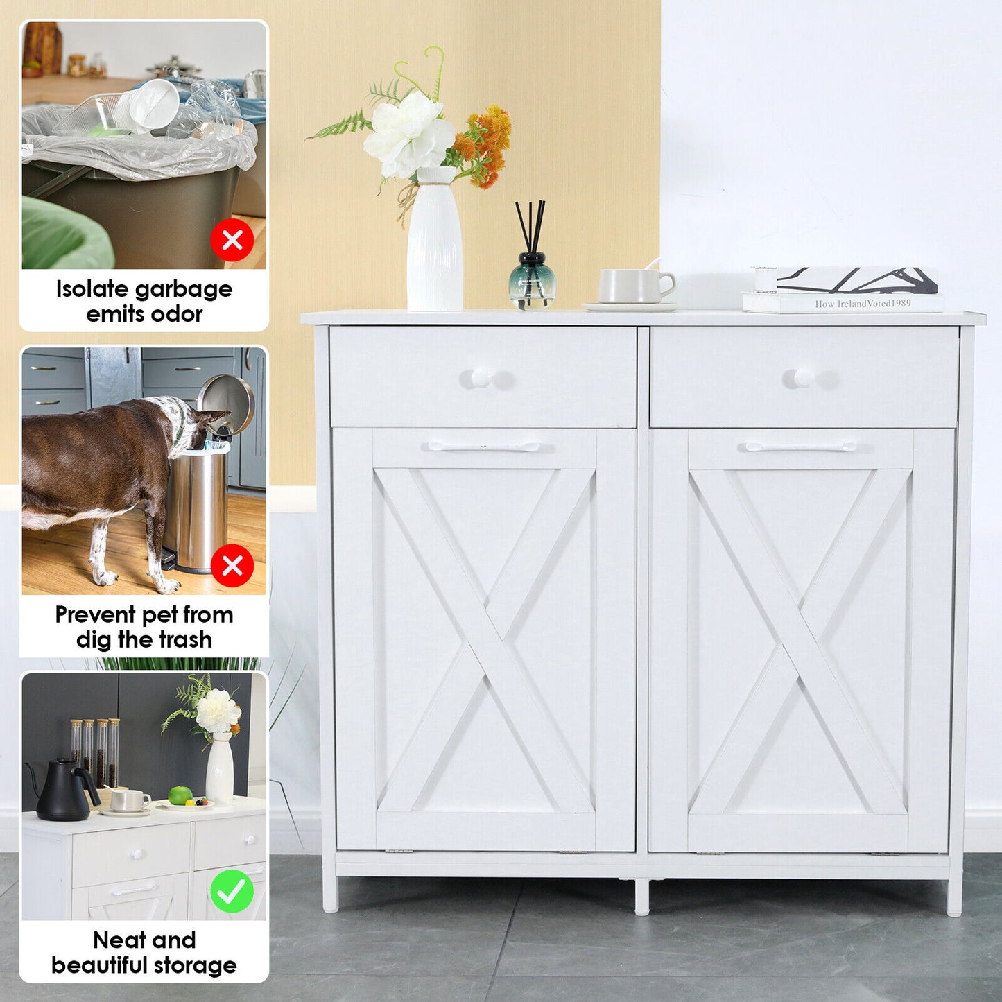 Arlopu Double Tilt Out Trash Cabinet, 2 x 10 Gallon Freestanding Garbage Bin Holder Wooden Laundry Sorter Cabinet with Drawer for Kitchen, Living Room