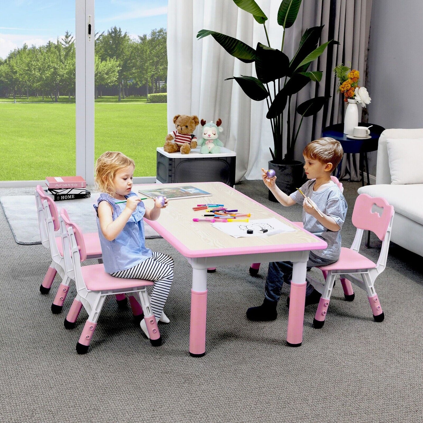 Arlopu Kids Table and 4 Chairs Set, Adjustable Height, Ideal for Arts & Crafts, Snack Time, Homeschooling, Homework