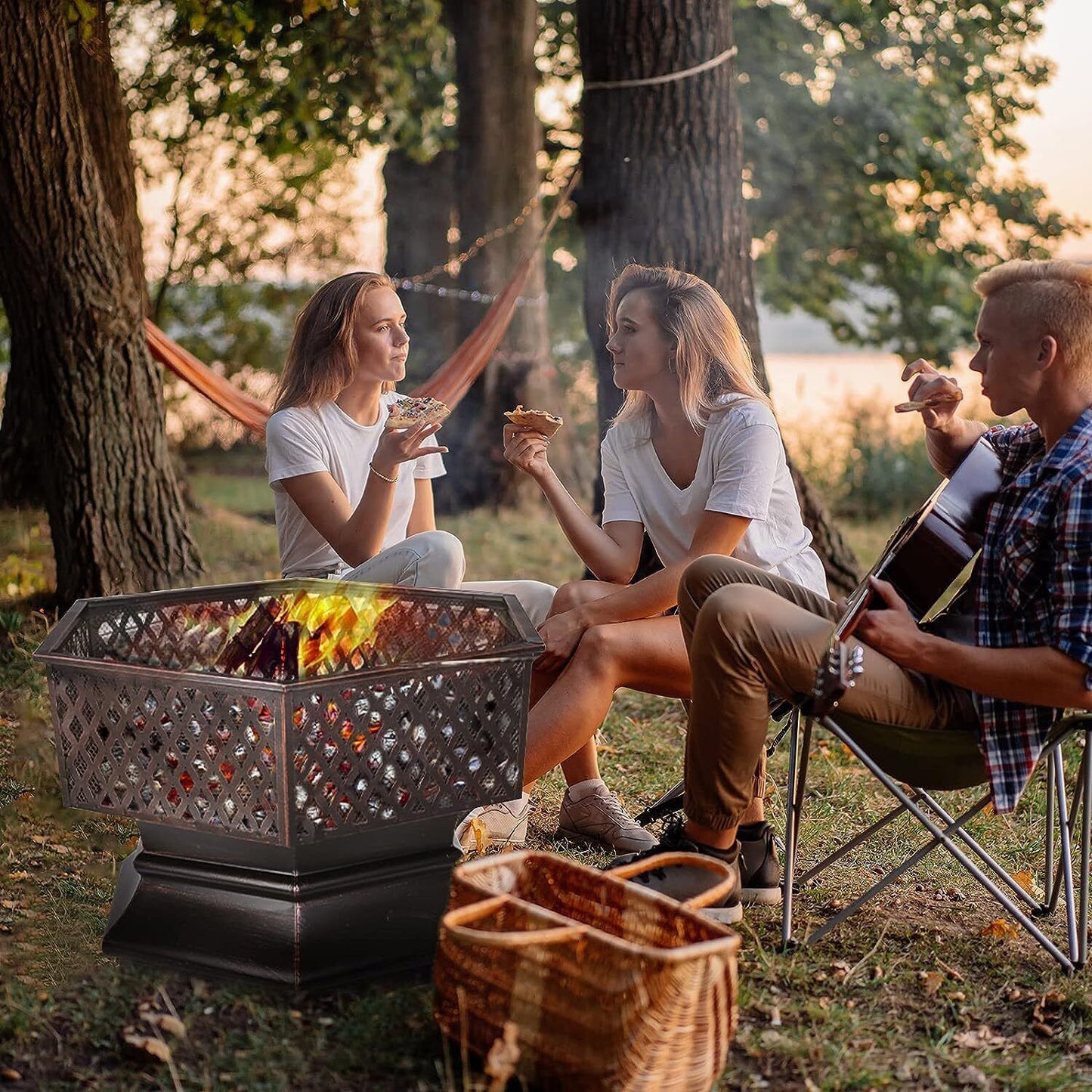 Arlopu 28'' Hex-Shaped Steel Fire Pit Outdoor Patio Wood Burning Firepit Bowl BBQ Stove for Camping Picnic Bonfire