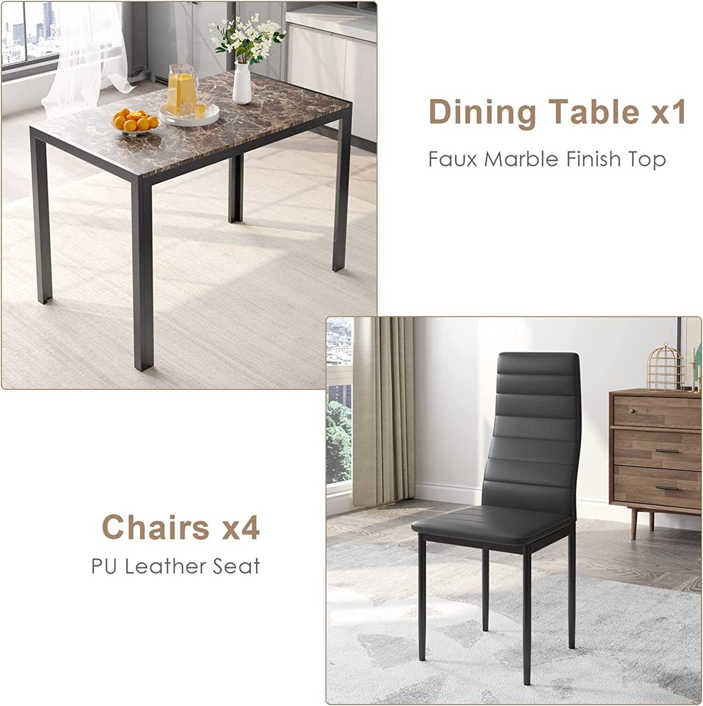 Arlopu Modern 5-Piece Dining Table Set, Faux Marble Tabletop and 4 PU Leather Chairs, Compact Dining Set for Dining Room, Kitchen
