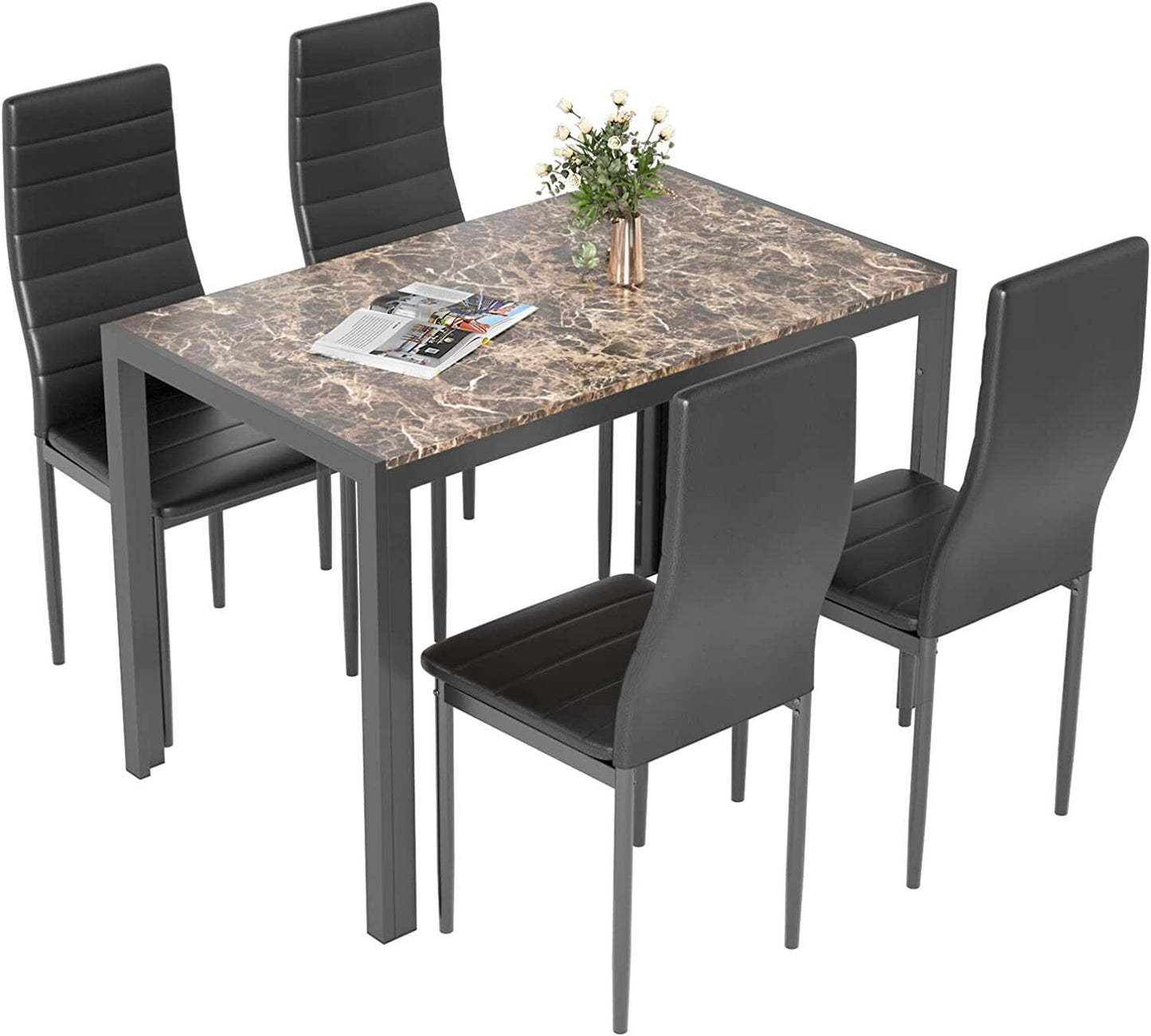 Arlopu Modern 5-Piece Dining Table Set, Faux Marble Tabletop and 4 PU Leather Chairs, Compact Dining Set for Dining Room, Kitchen